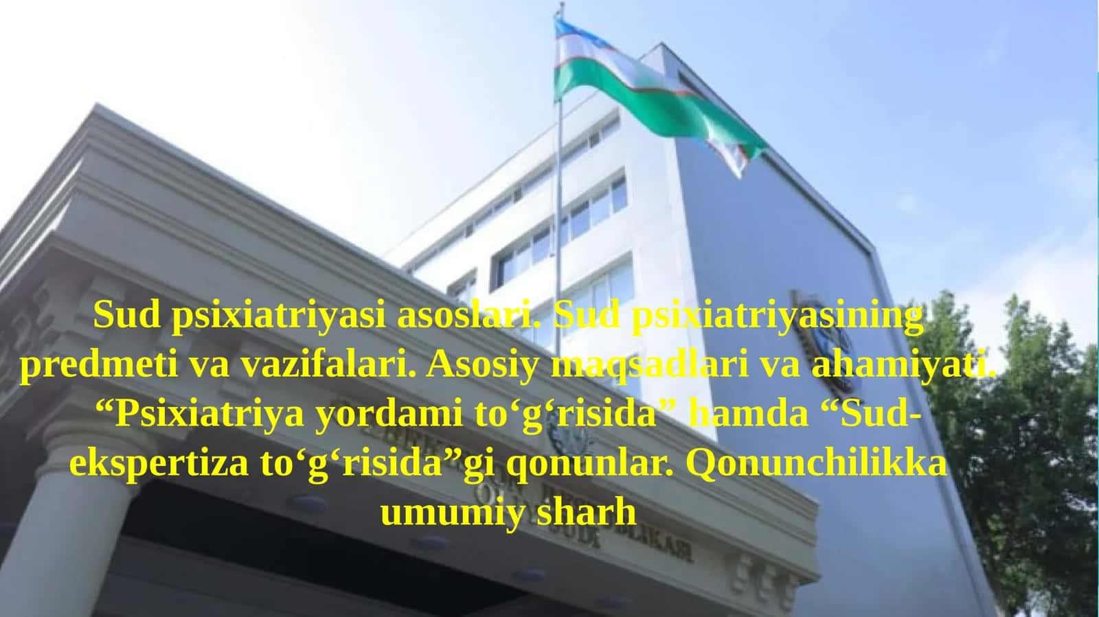 Sud psixiatriyasi asoslari. Sud psixiatriyasining predmeti va vazifalari. Asosiy maqsadlari va ahamiyati. “Psixiatriya yordami to‘g‘risida” hamda “Sud-ekspertiza to‘g‘risida”gi qonunlar. Qonunchilikka umumiy sharh.pptx 1