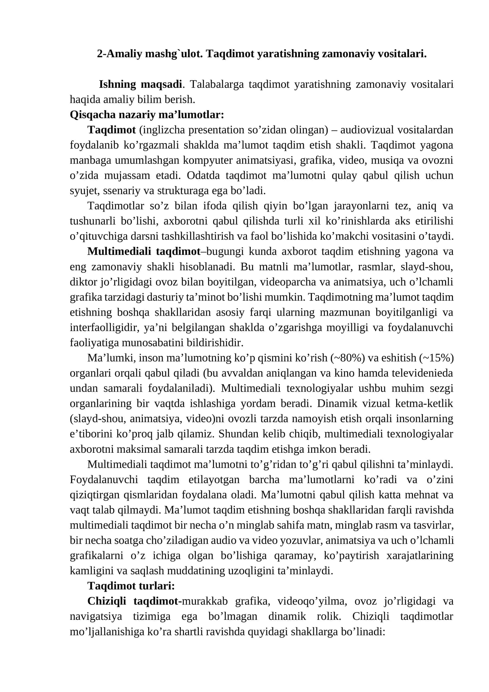 2-Amaliy mashg`ulot. Taqdimot yaratishning zamonaviy vositalari 1