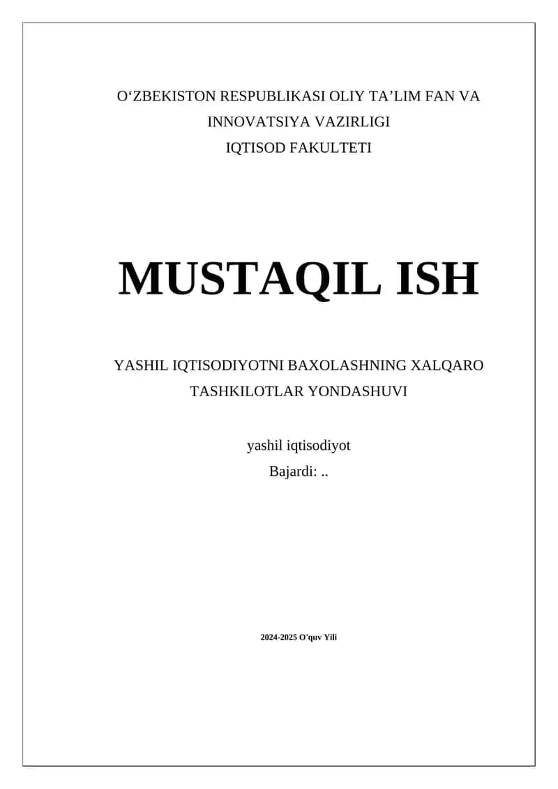 Yashil iqtisodiyotni baxolashning xalqaro tashkilotlar yondashuvi 1