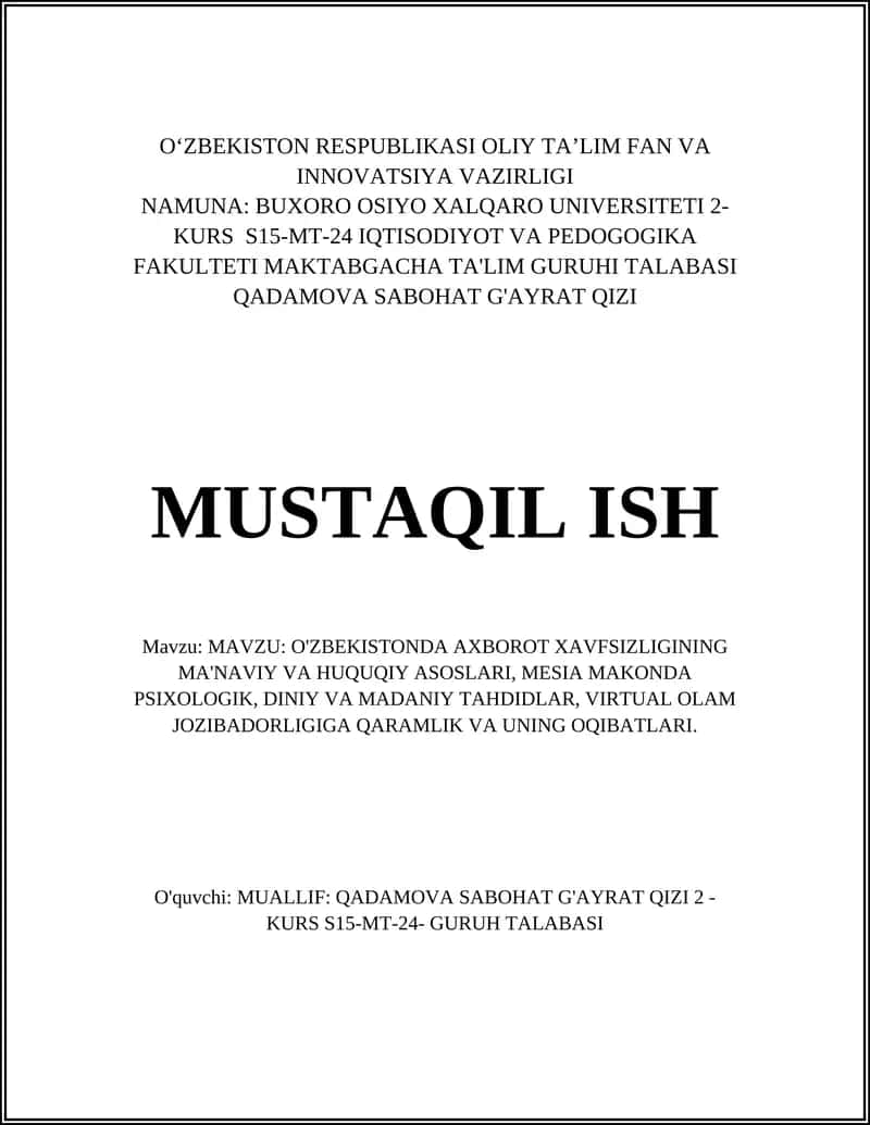 O'ZBEKISTONDA AXBOROT XAVFSIZLIGINING MA'NAVIY VA HUQUQIY ASOSLARI 1