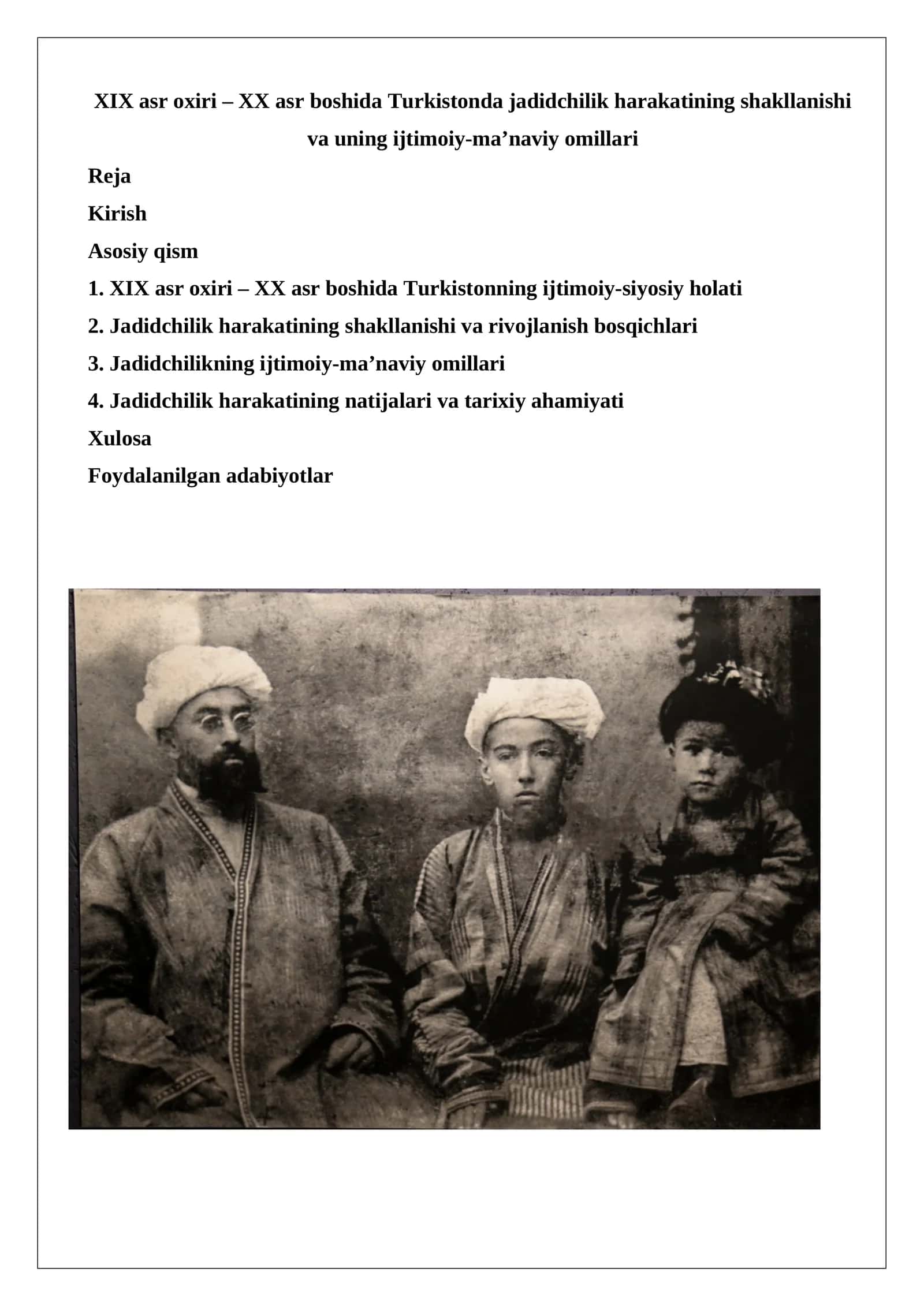 XIX asr oxiri – XX asr boshida Turkistonda jadidchilik harakatining shakllanishi 1