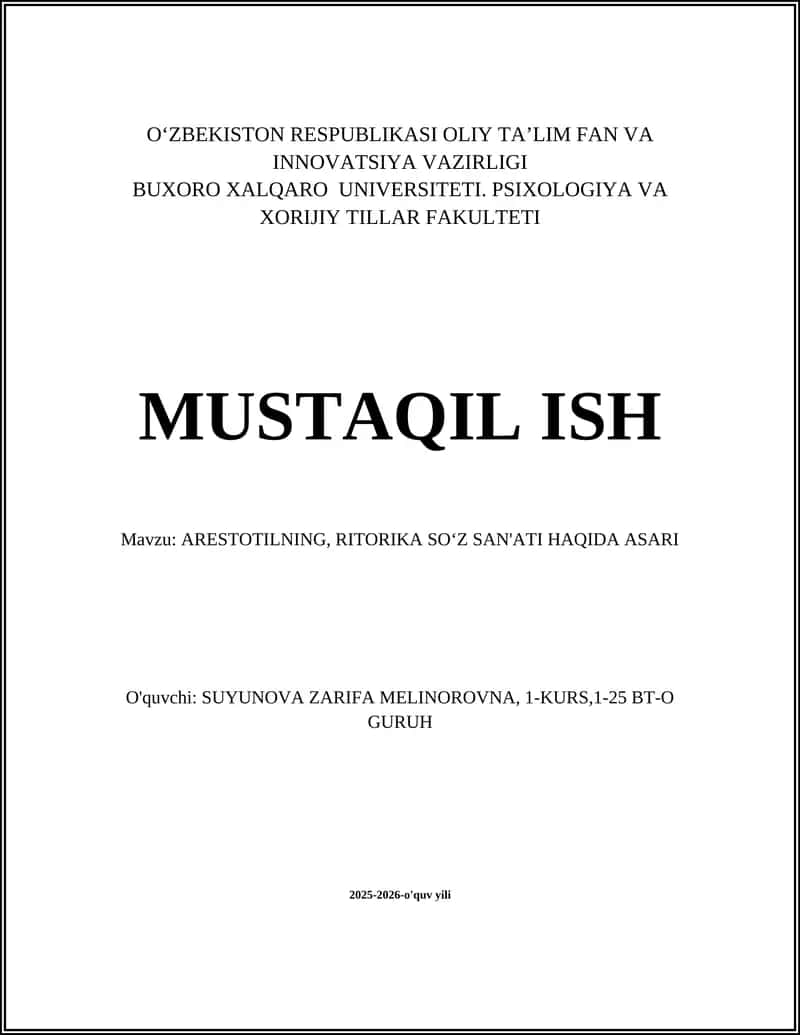 ARESTOTILNING, RITORIKA SOʻZ SAN'ATI HAQIDA ASARI 1