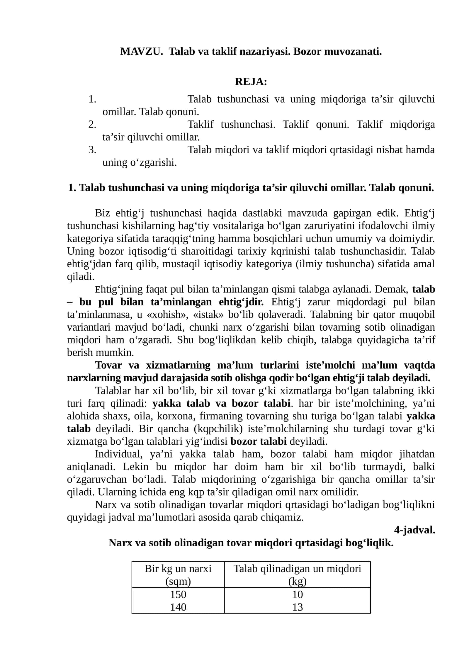 Talab va taklif nazariyasi. Bozor muvozanati 1
