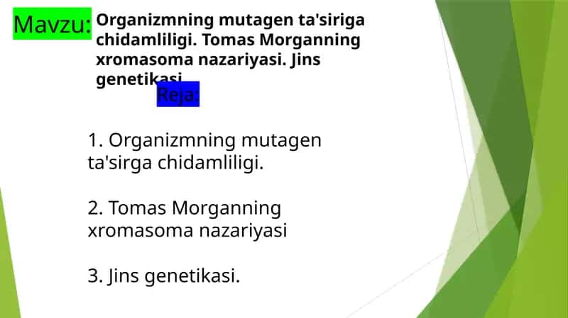 Organizmning mutagen ta'siriga chidamliligi. Tomas Morganning xromasoma nazariyasi. Jins genetikasi 1