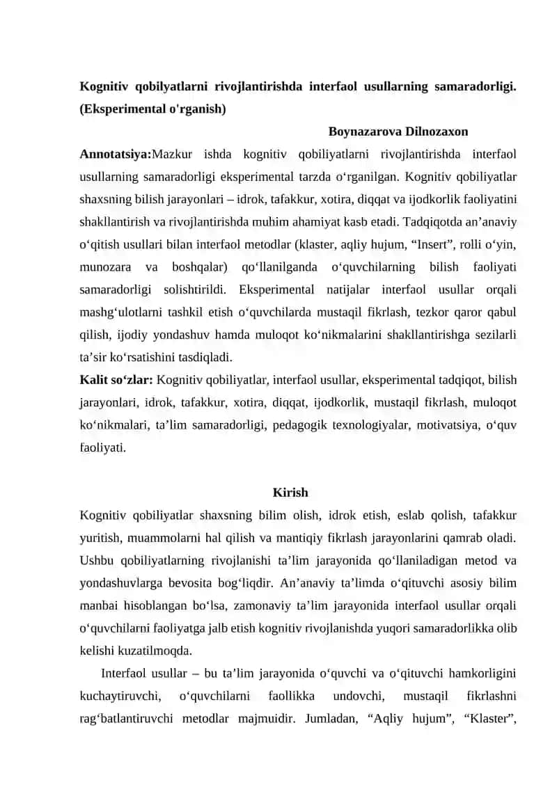 Kognitiv qobilyatlarni rivojlantirishda interfaol usullarning samaradorligi.(Eksperimental o'rganish)