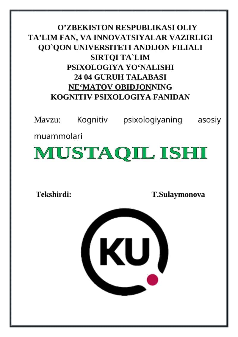 Kognitiv psixologiyadan mustaqil ish 1