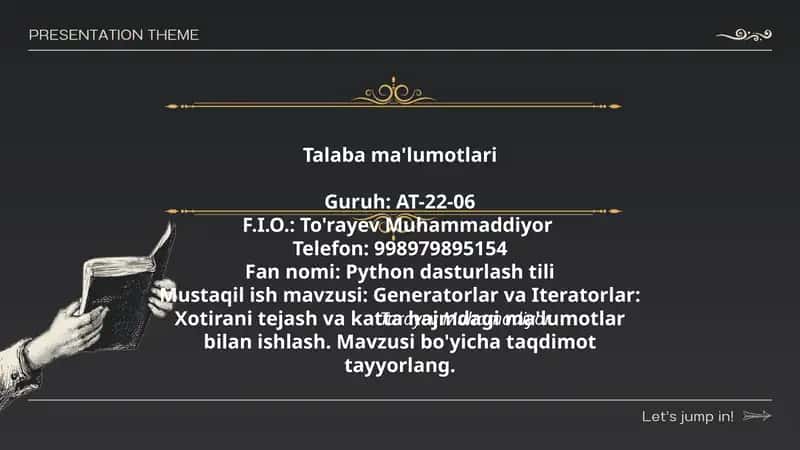Generatorlar va Iteratorlar: Xotirani tejash va katta hajmdagi ma'lumotlar bilan ishlash. Mavzusi bo'yicha taqdimot tayyorlang 1