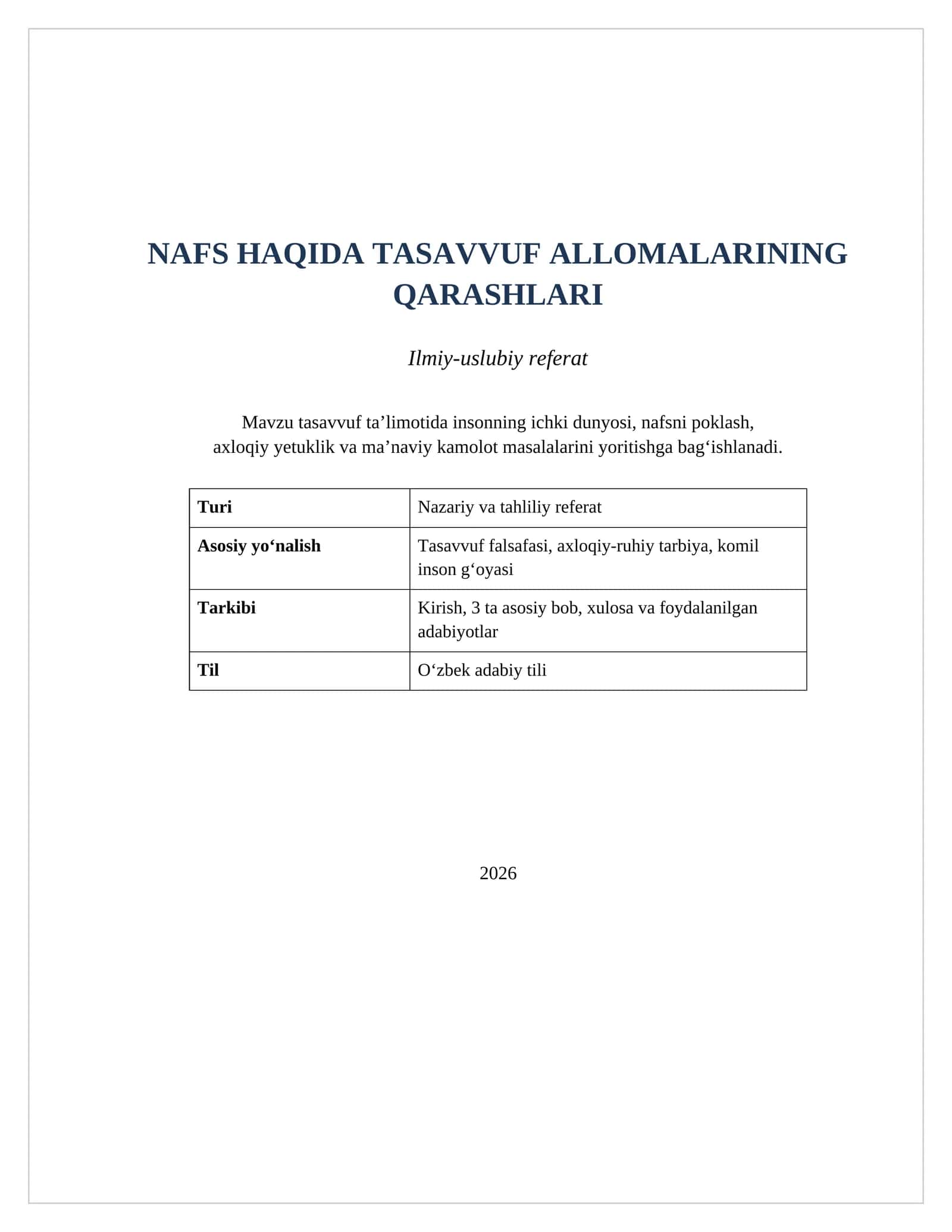 NAFS HAQIDA TASAVVUF ALLOMALARINING QARASHLARI 1