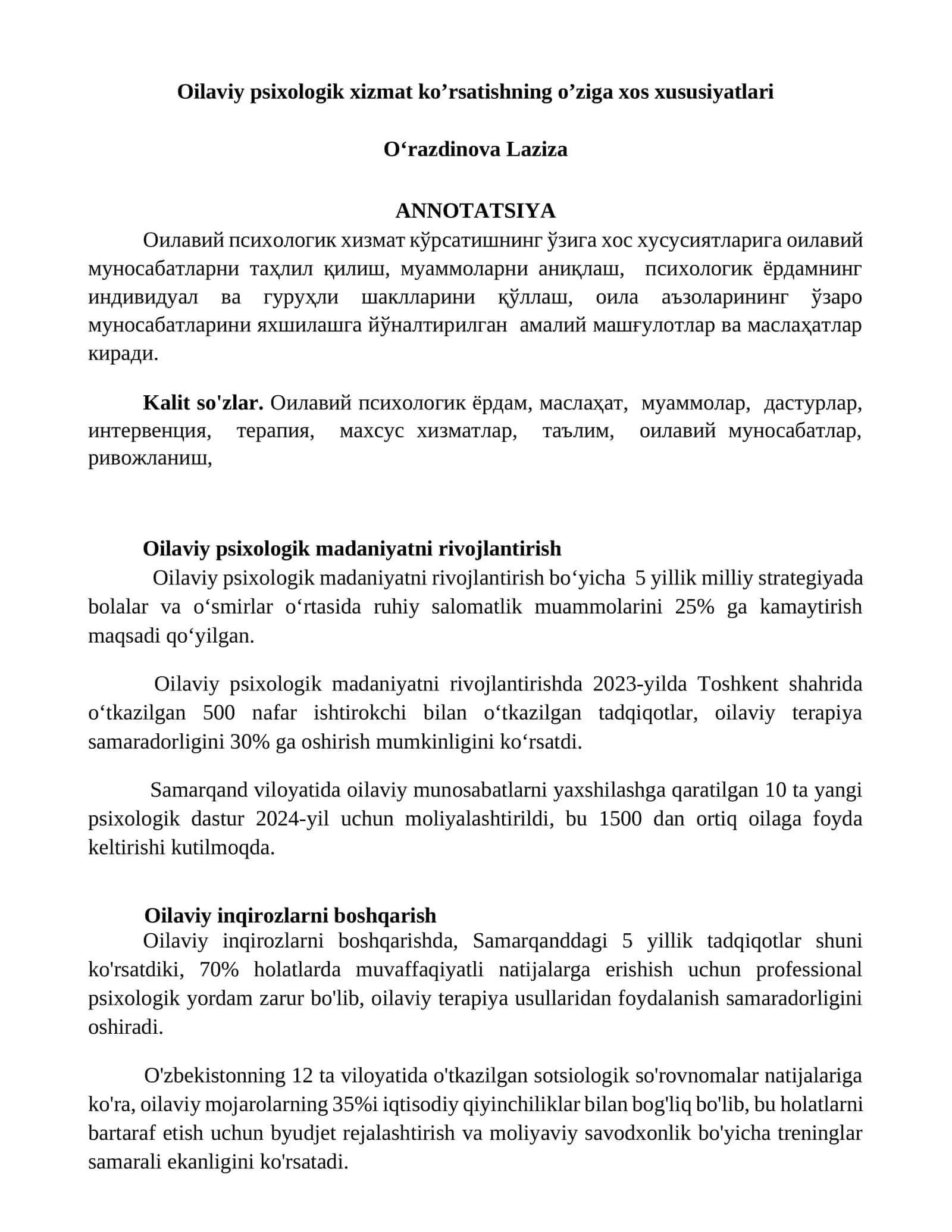 Oilaviy psixologik xizmat ko’rsatishning o’ziga xos xususiyatlari 1