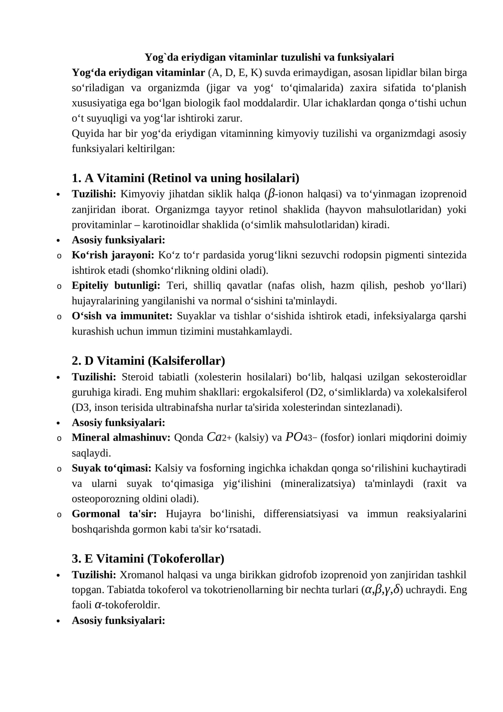 Yog`da eriydigan vitaminlar tuzulishi va funksiyalari 1