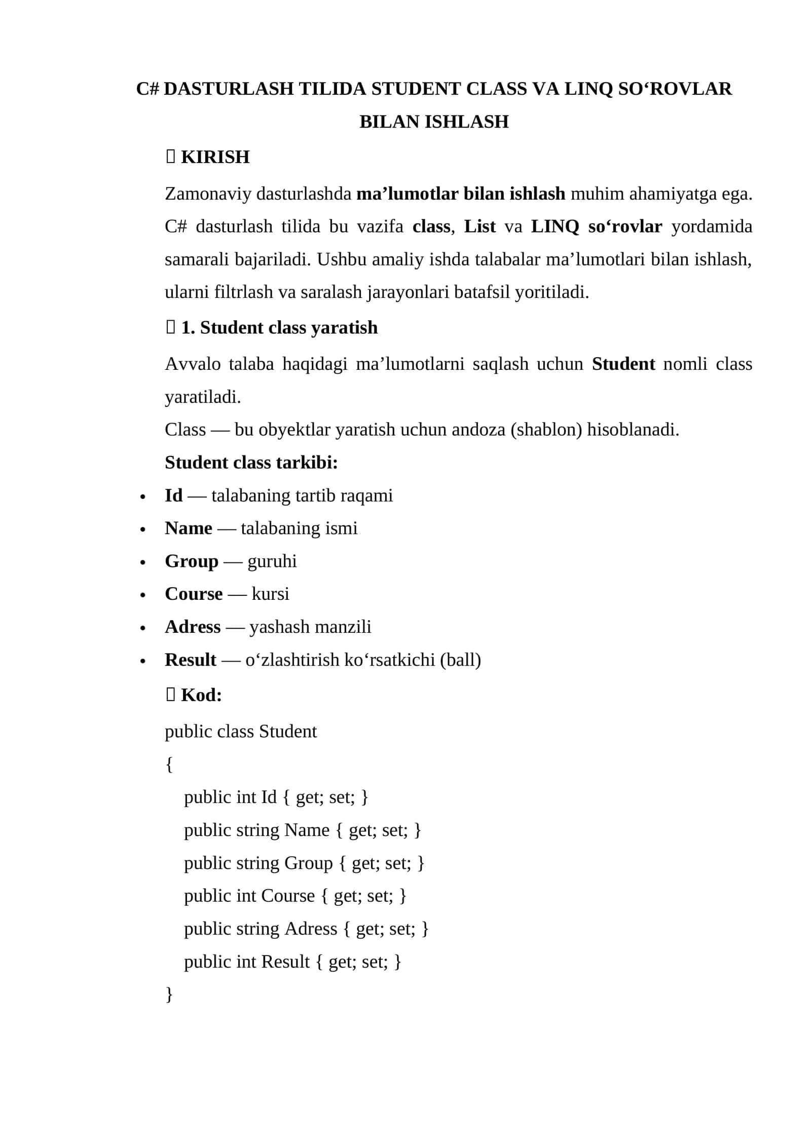 C# DASTURLASH TILIDA STUDENT CLASS VA LINQ SO‘ROVLAR BILAN ISHLASH 1