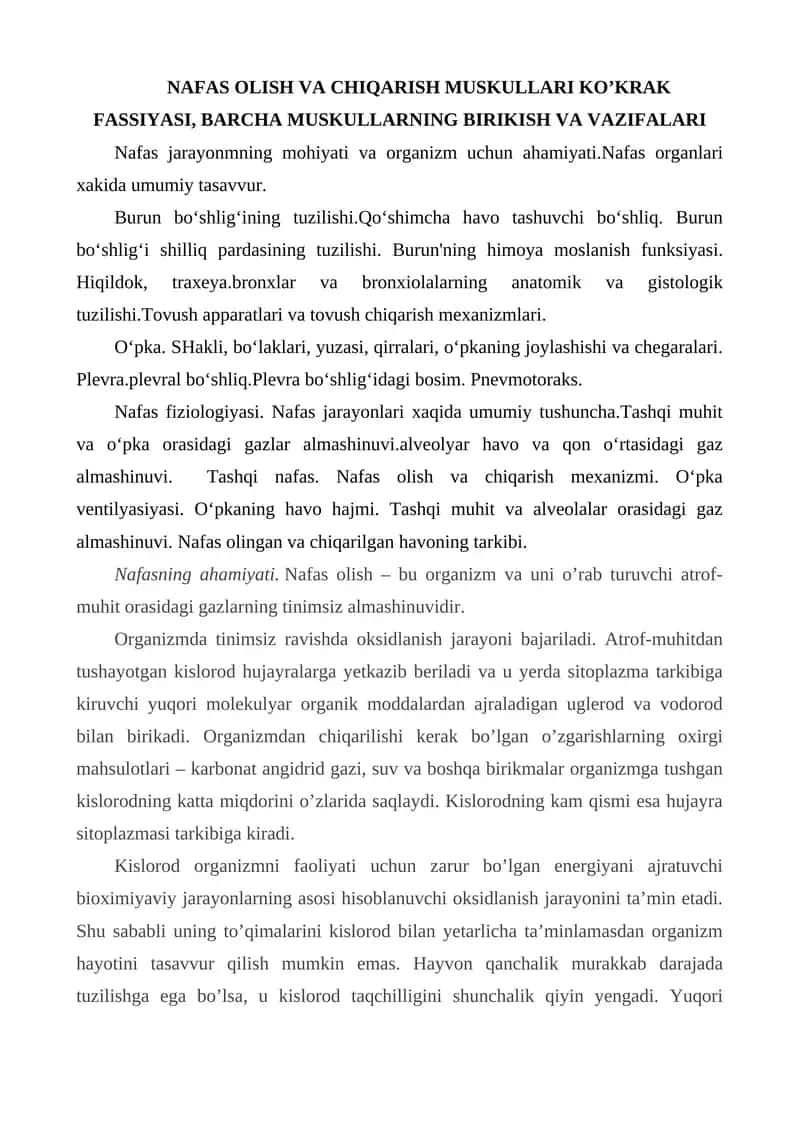 NAFAS OLISH VA CHIQARISH MUSKULLARI KO’KRAK FASSIYASI, BARCHA MUSKULLARNING BIRIKISH VA VAZIFALARI 1