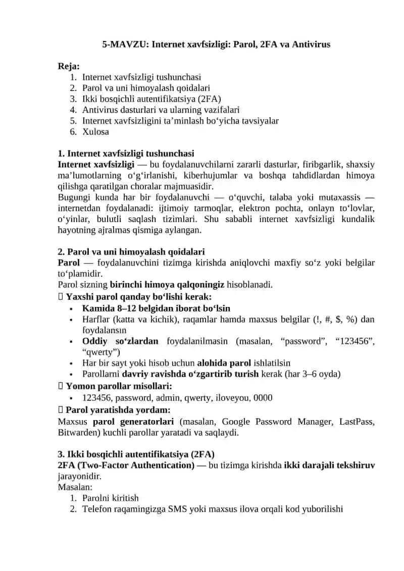Internet xavfsizligi: Parol, 2FA va Antivirus