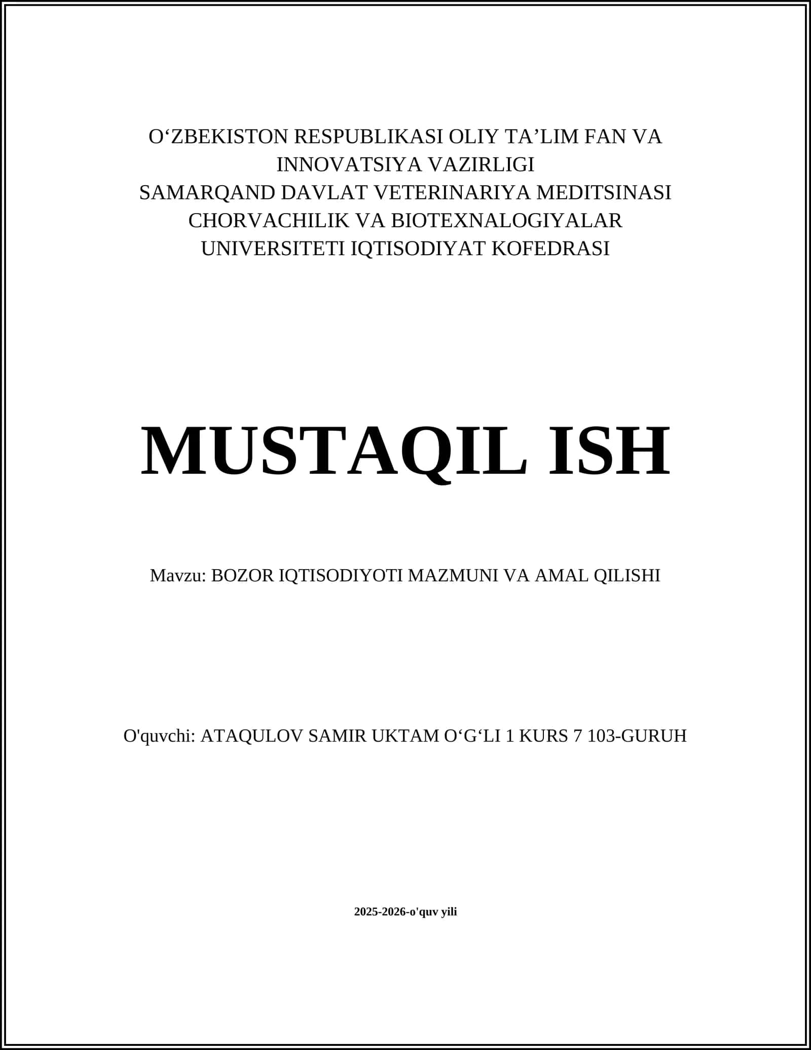 BOZOR IQTISODIYOTI MAZMUNI VA AMAL QILISHI 1