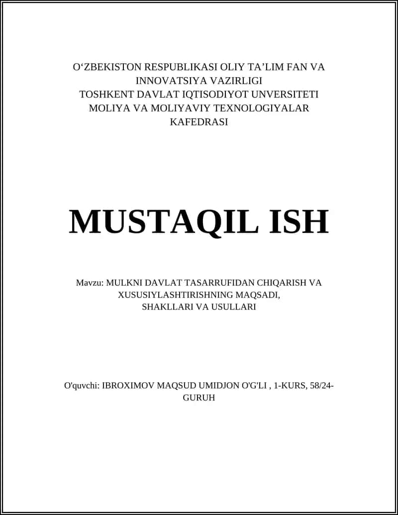 Davlat Mulkini Davlat Tasarrufidan Chiqarish