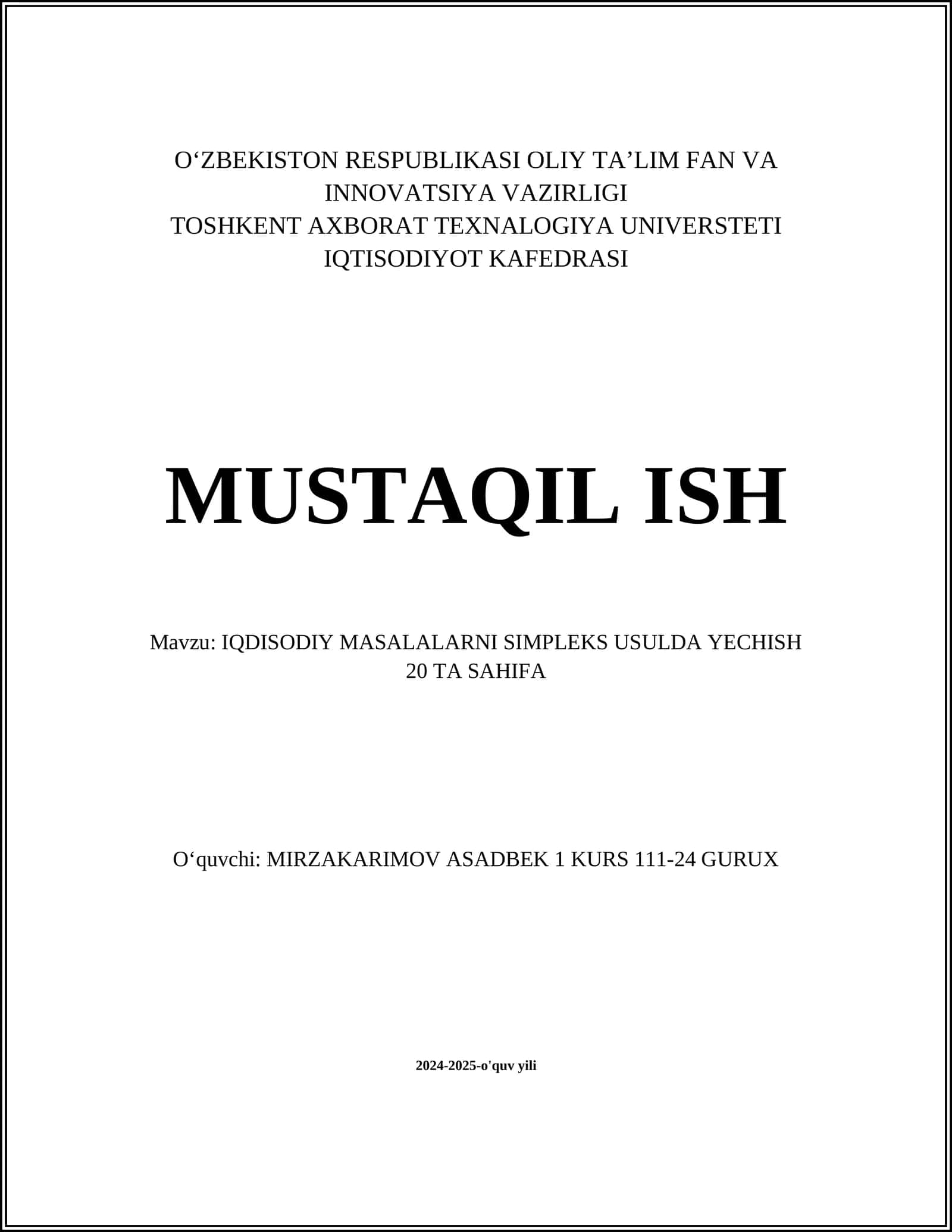 IQDISODIY MASALALARNI SIMPLEKS USULDA YECHISH 20 TA SAHIFA 1