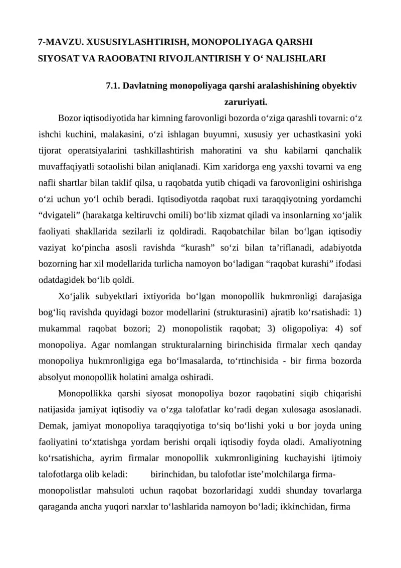Monopoliyaga qarshi siyosat va raqobatni rivojlantirish yo‘nalishlari 1