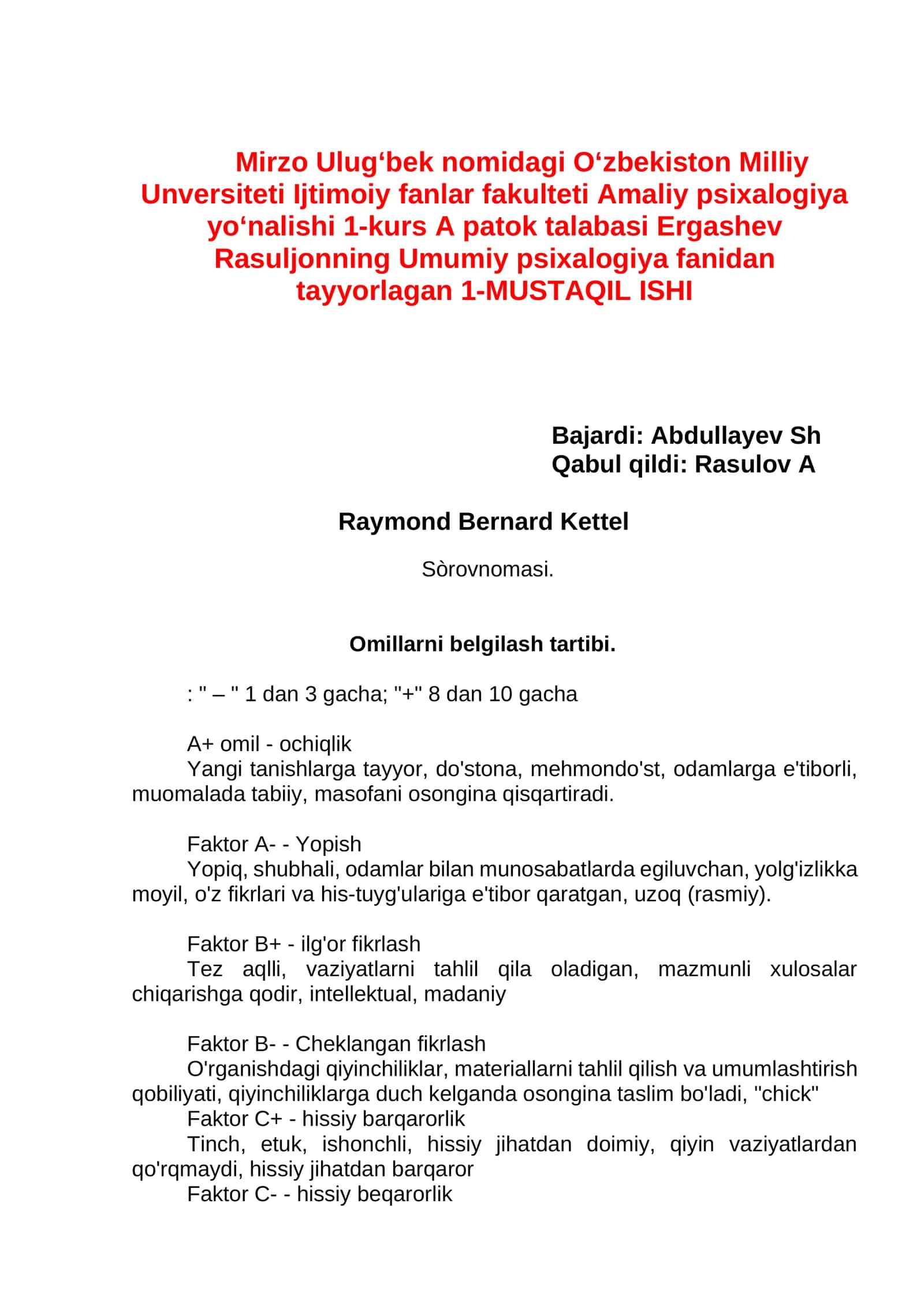 Umumiy psixalogiya fanidan tayyorlagan 1-MUSTAQIL ISHI 1