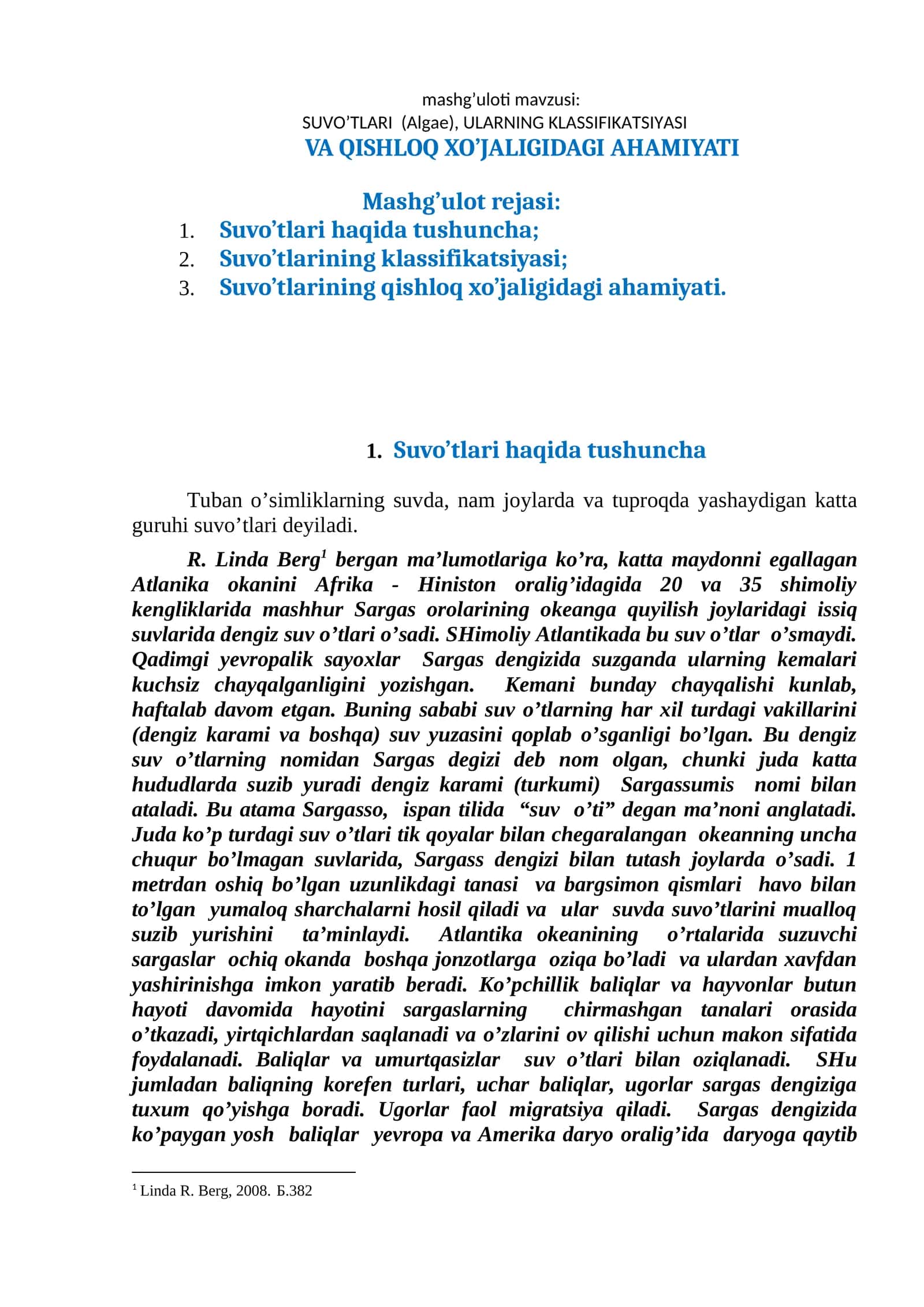 SUVO’TLARI (Algae), ULARNING KLASSIFIKATSIYASI VA QISHLOQ XO’JALIGIDAGI AHAMIYATI 1