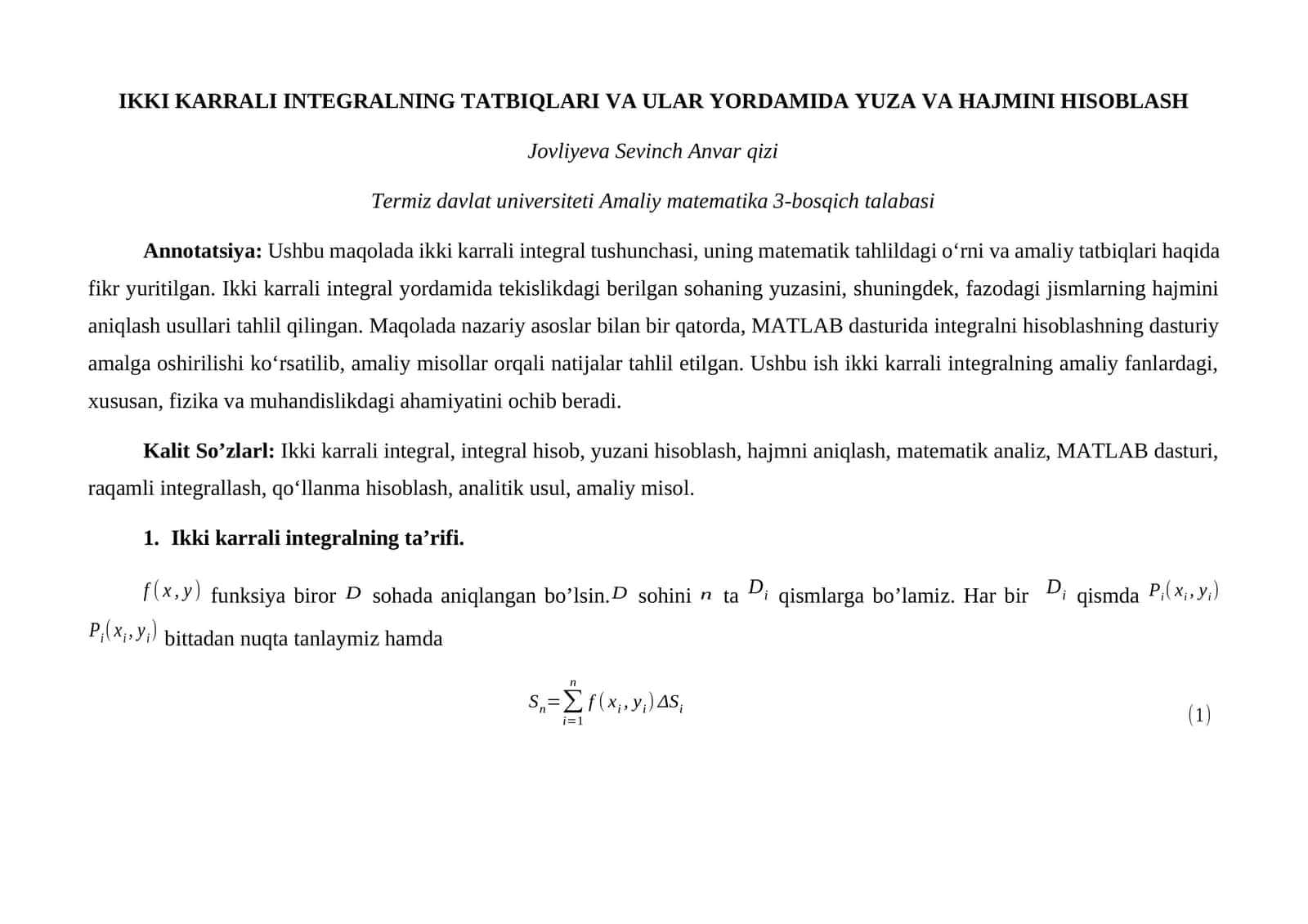 IKKI KARRALI INTEGRALNING TATBIQLARI VA ULAR YORDAMIDA YUZA VA HAJMINI HISOBLASH 1