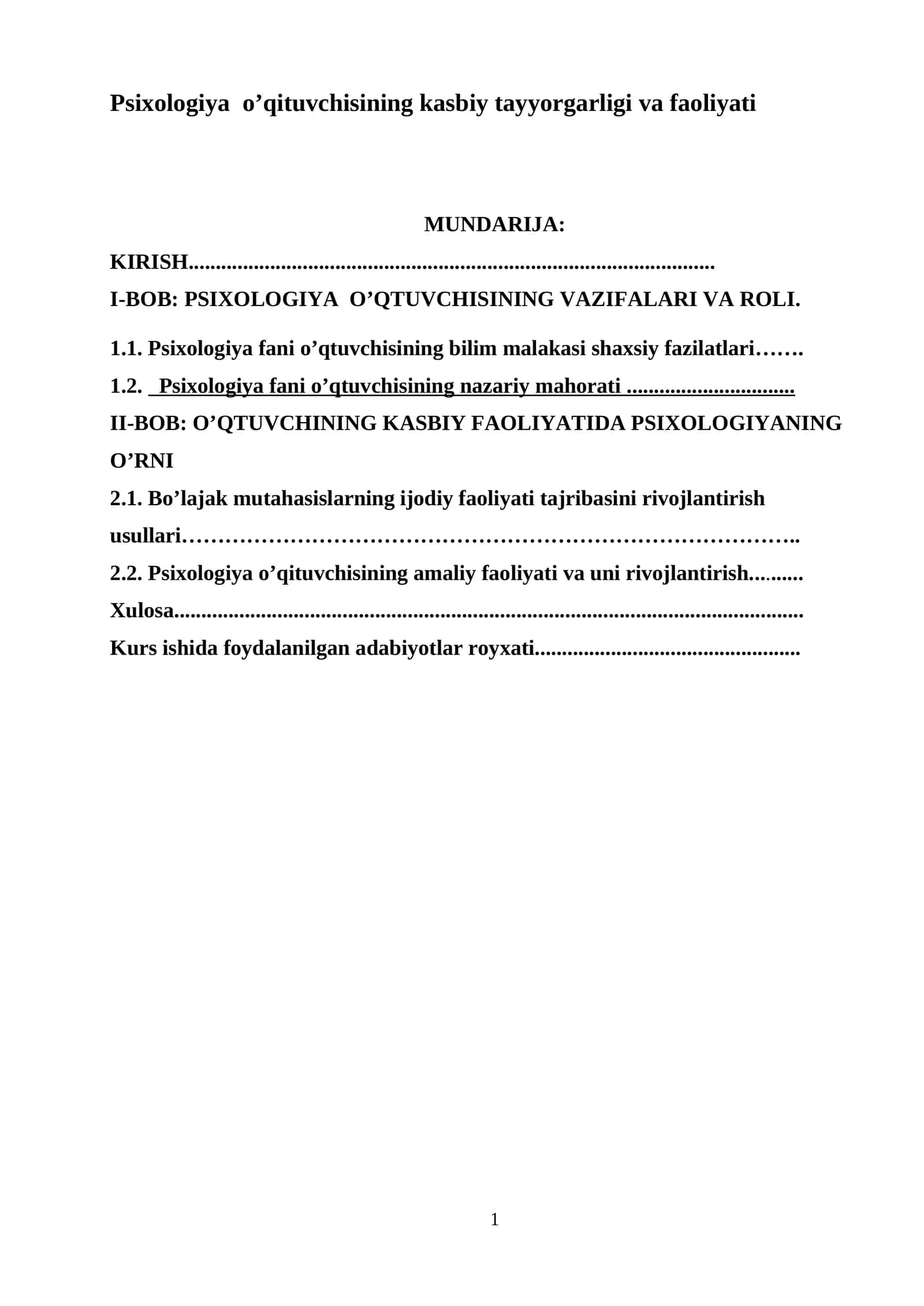 Psixologiya o’qituvchisining kasbiy tayyorgarligi va faoliyati 1