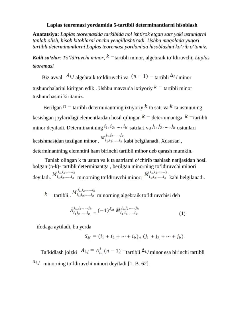 Laplas teoremasi yordamida 5-tartibli determinantlarni hisoblash 1