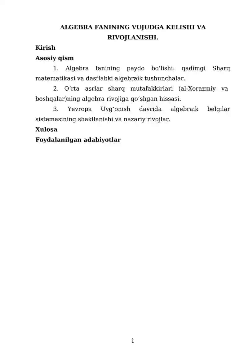 ALGEBRA FANINING VUJUDGA KELISHI VA RIVOJLANISHI