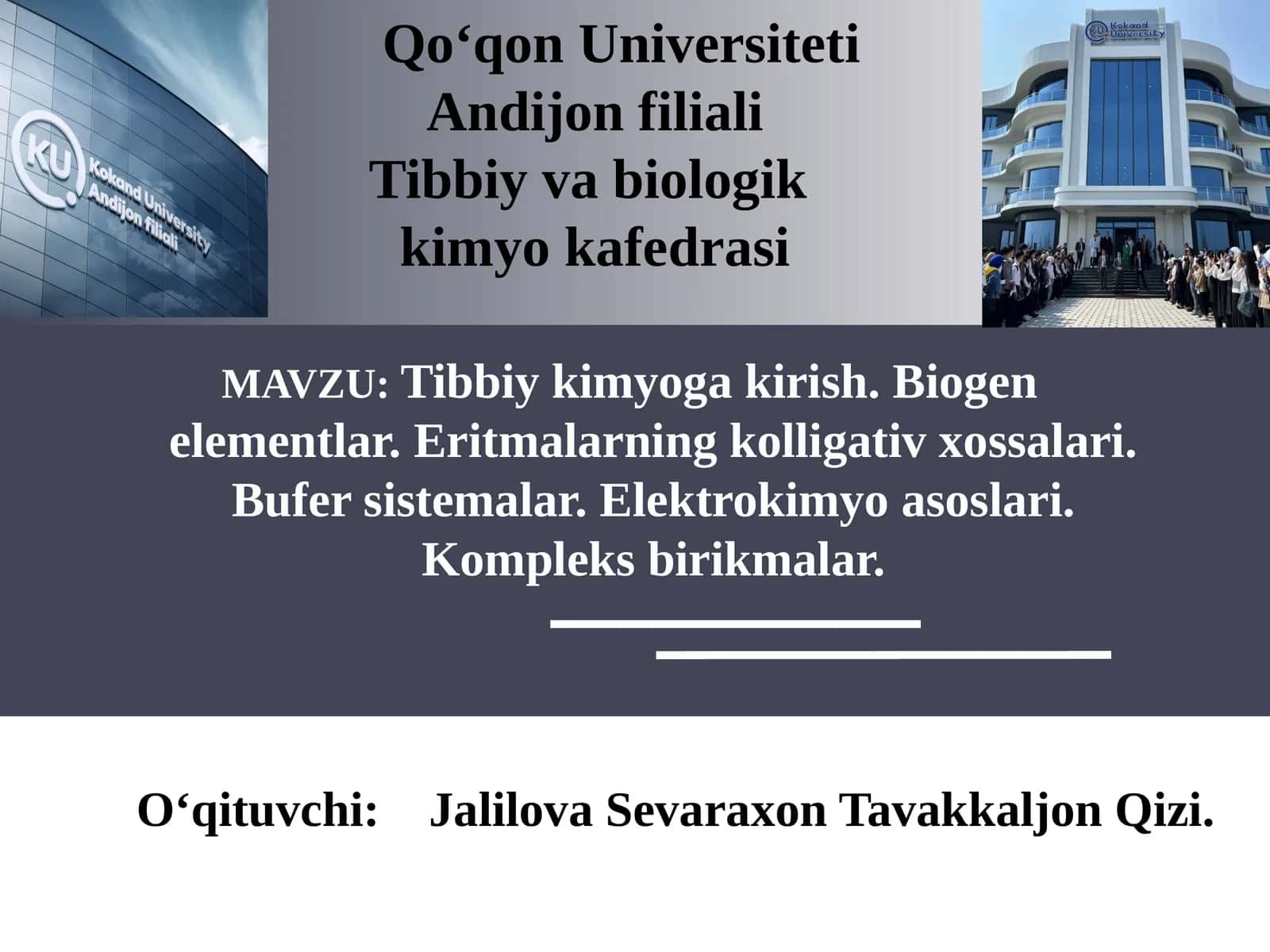 Tibbiy kimyoga kirish. Biogene elementlar. Eritmalarning kolligativ xossalari. Bufersistemalar. Elektrokimyo asoslari. Kompleks birikmalar 1