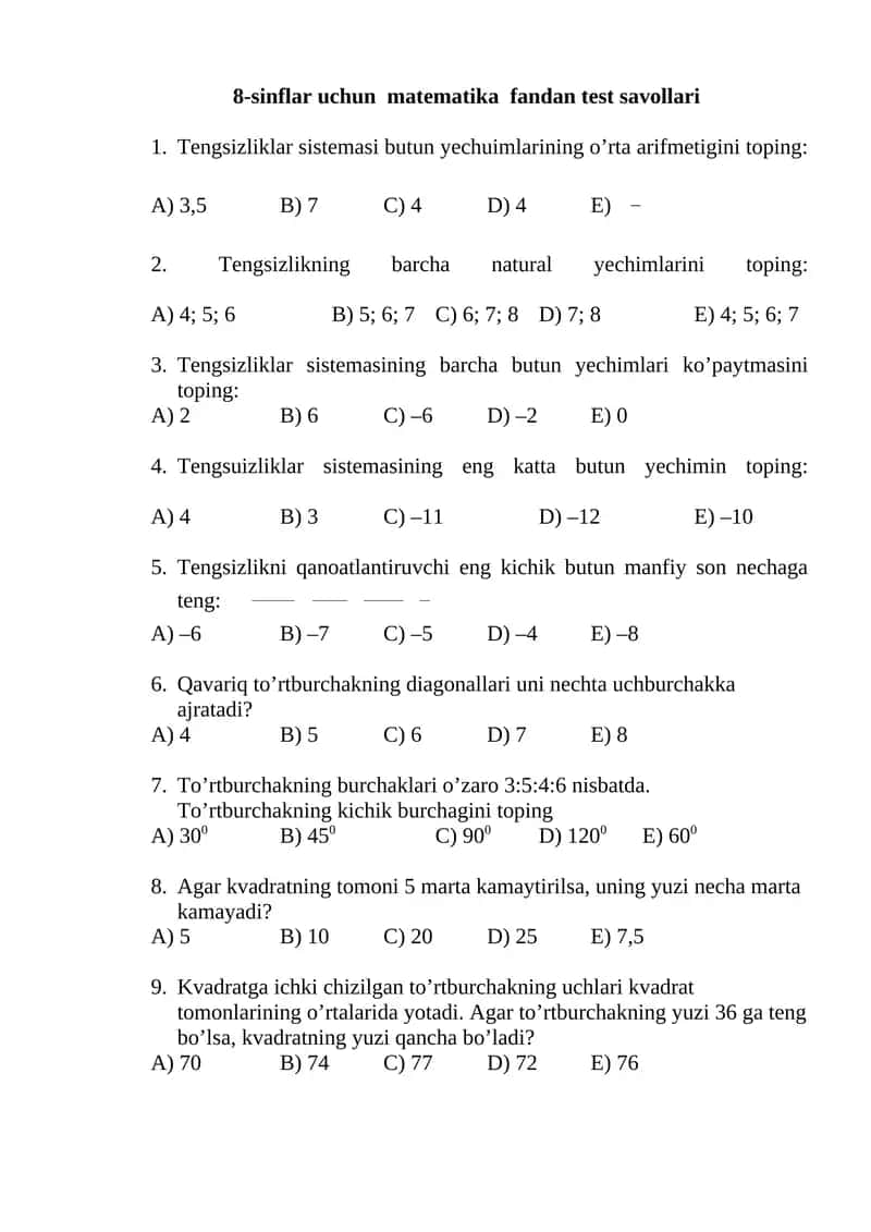 8-sinflar uchun matematika fandan test savollari 1