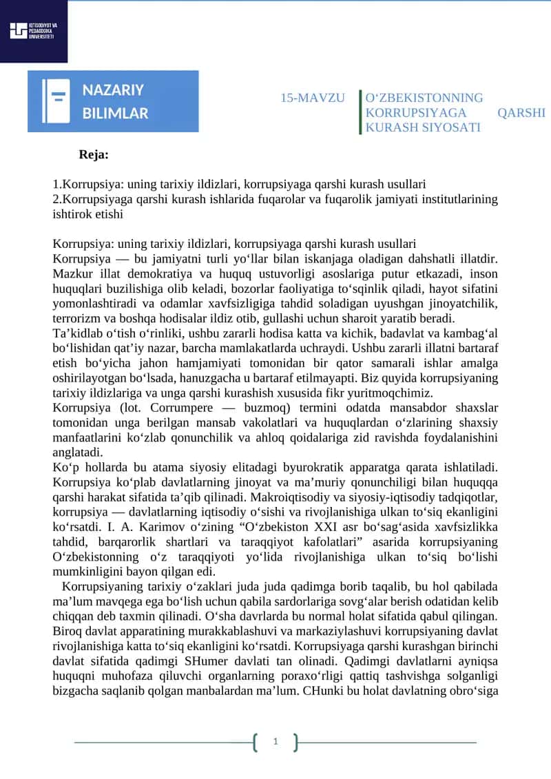 O‘ZBEKISTONNING KORRUPSIYAGA QARSHI KURASH SIYOSATI 1