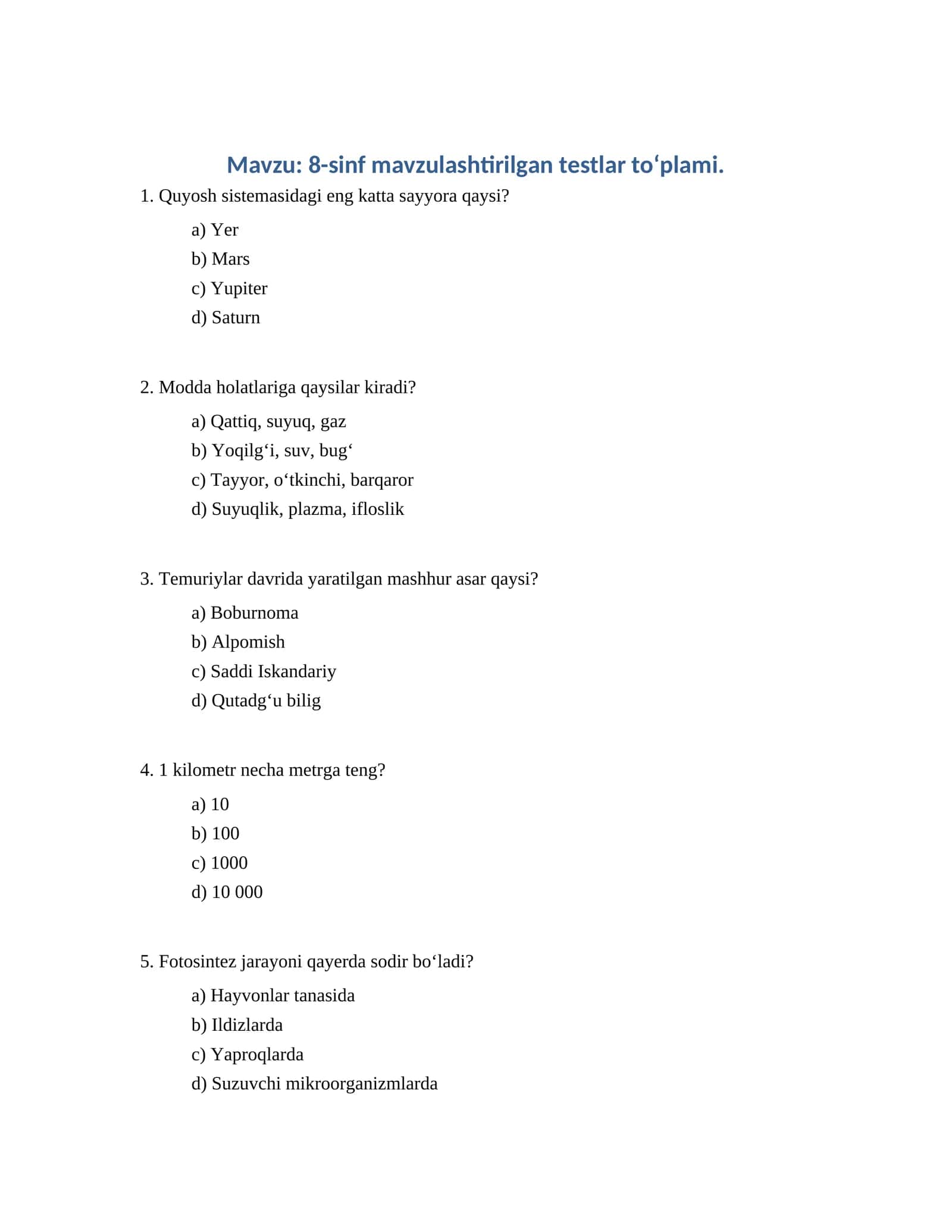 8-sinf mavzulashtirilgan testlar toʻplami 1