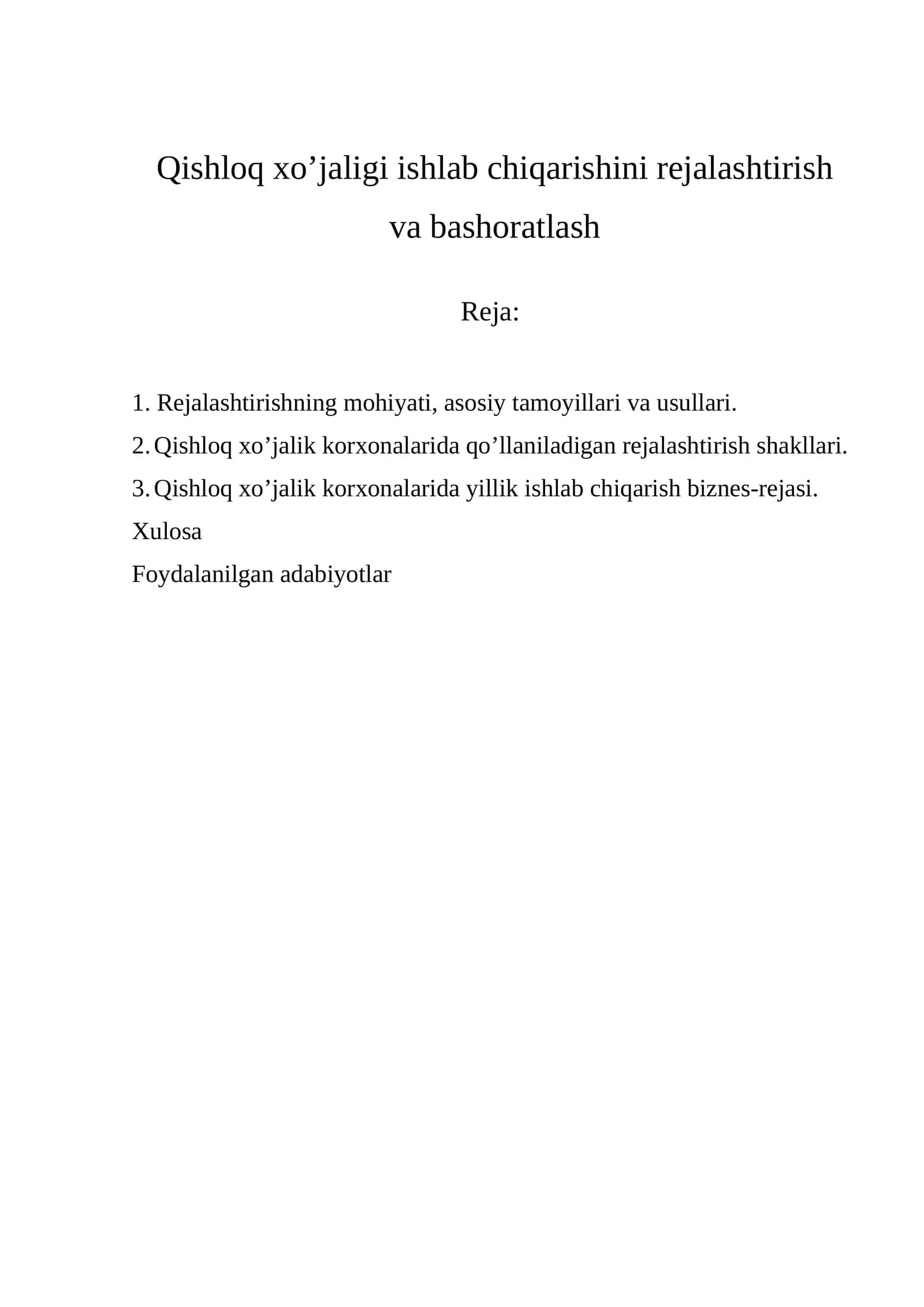 Qishloq xo’jaligi ishlab chiqarishini rejalashtirish va bashoratlash 1