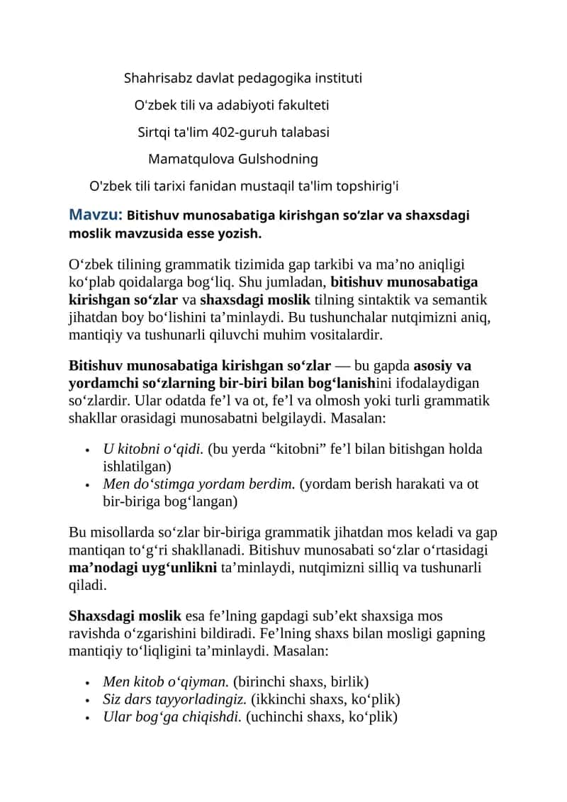 Bitishuv munosabatiga kirishgan so‘zlar va shaxsdagi moslik mavzusida esse yozish 1