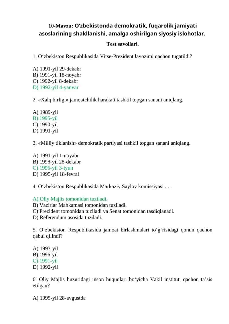 "O‘zbekistonda demokratik, fuqarolik jamiyati asoslarining shakllanishi" test savollari 1
