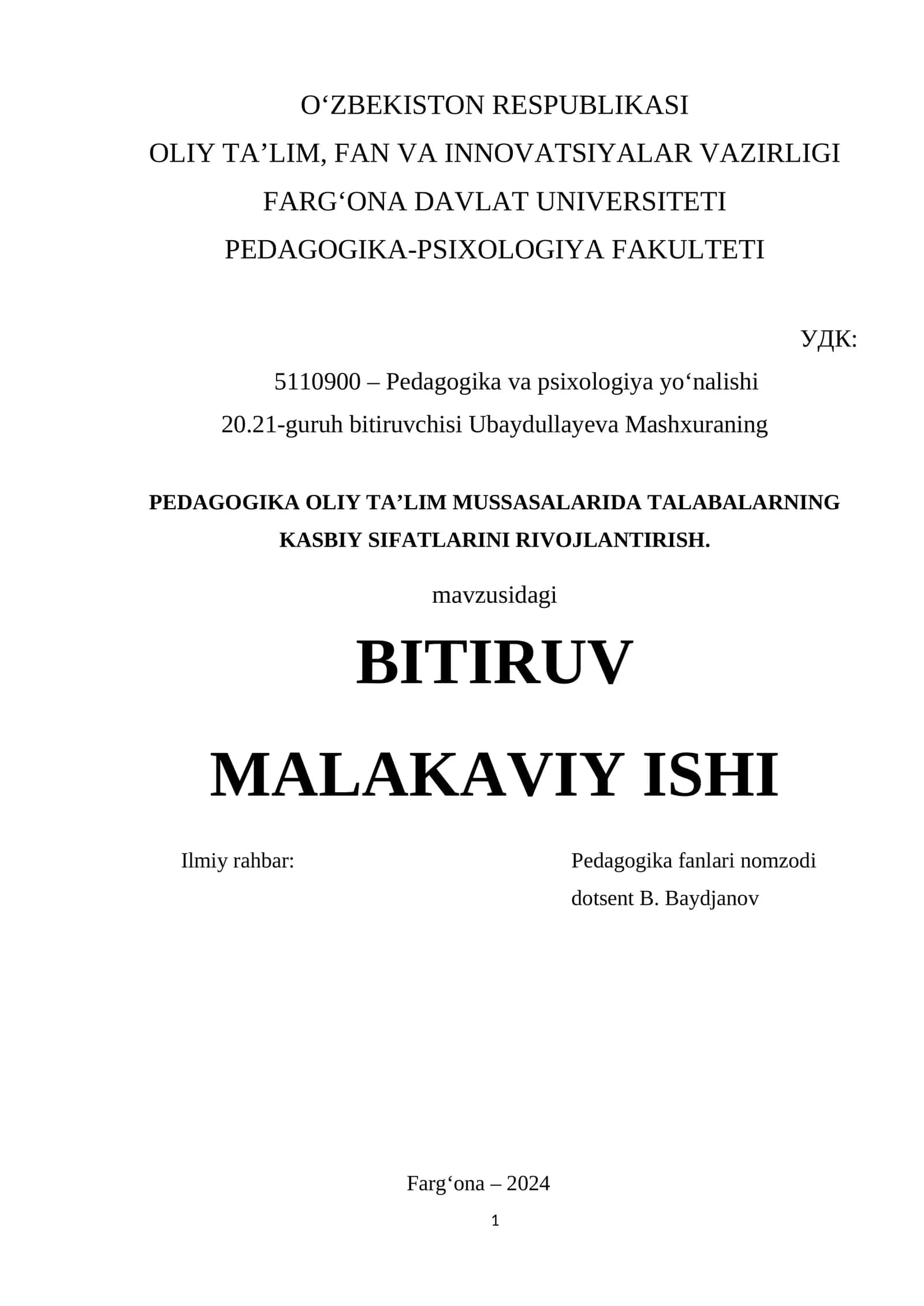 PEDAGOGIKA OLIY TA’LIM MUSSASALARIDA TALABALARNING KASBIY SIFATLARINI RIVOJLANTIRISH. 1