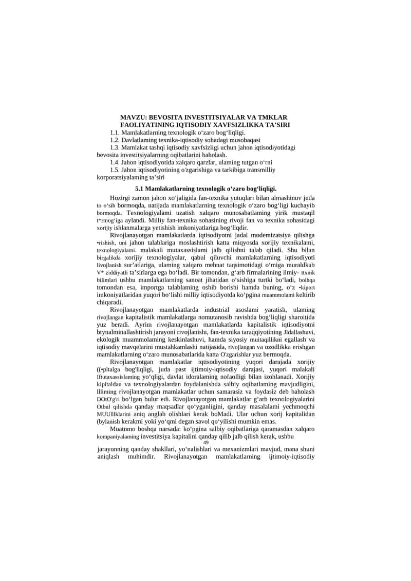 BEVOSITA INVESTITSIYALAR VA TMKLAR FAOLIYATINING IQTISODIY XAVFSIZLIKKA TA’SIRI 1