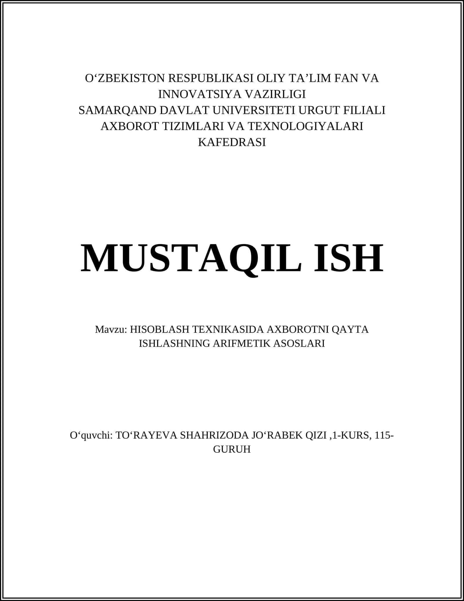 AXBOROTNI QAYTA ISHLASHNING ARIFMETIK ASOSLARI 1