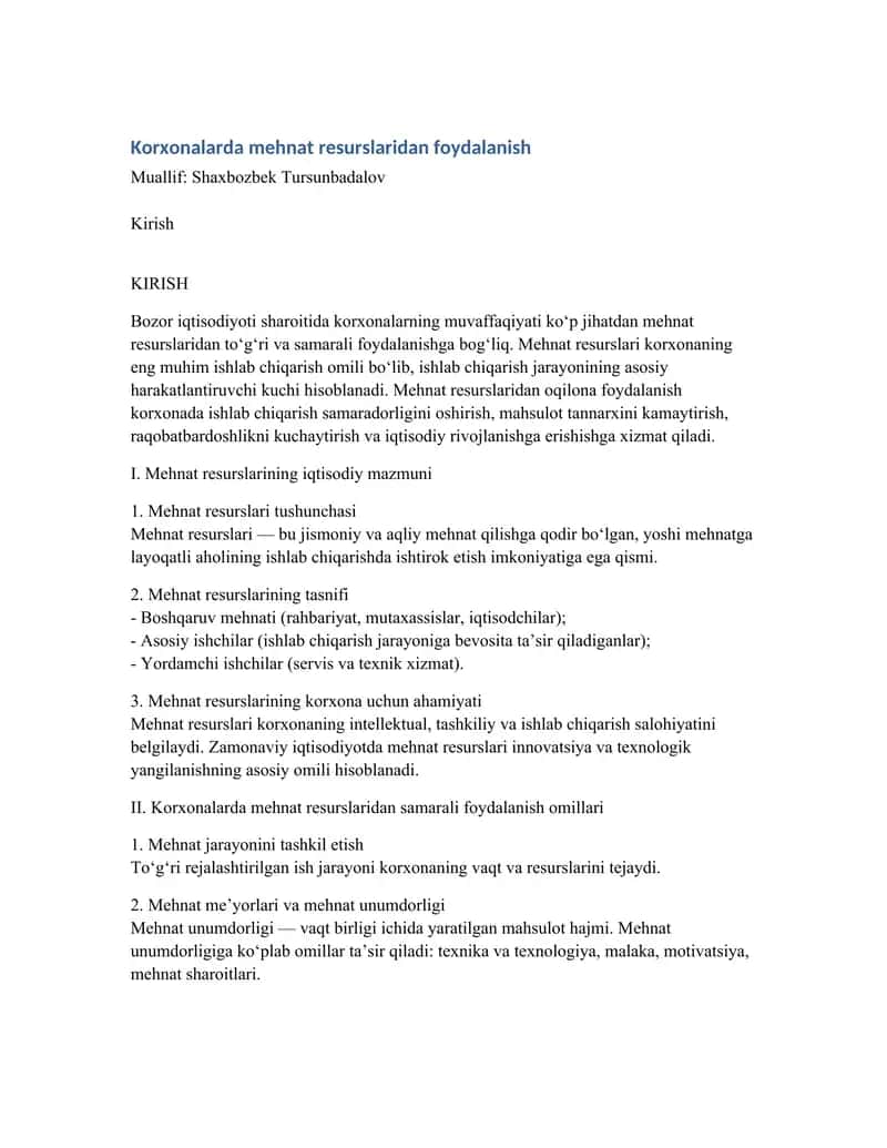Mehnat Resurslaridan Foydalanish 1