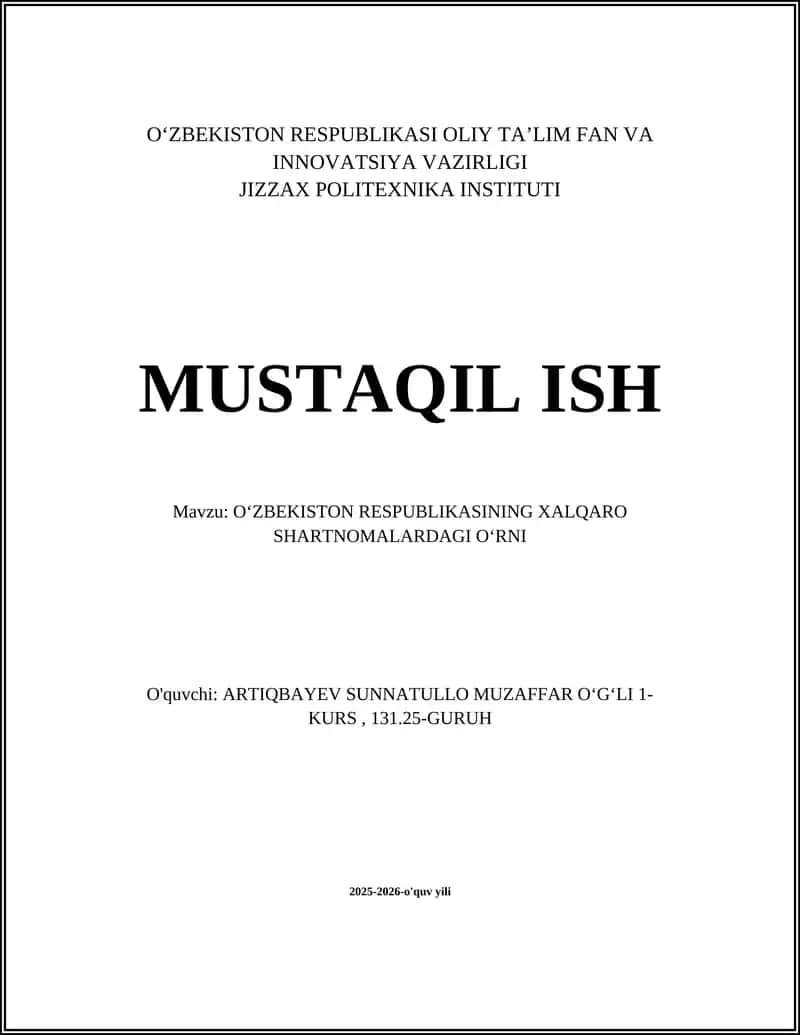 O‘zbekiston RESPUBLIKASI XALQARO SHARTNOMALAR 1