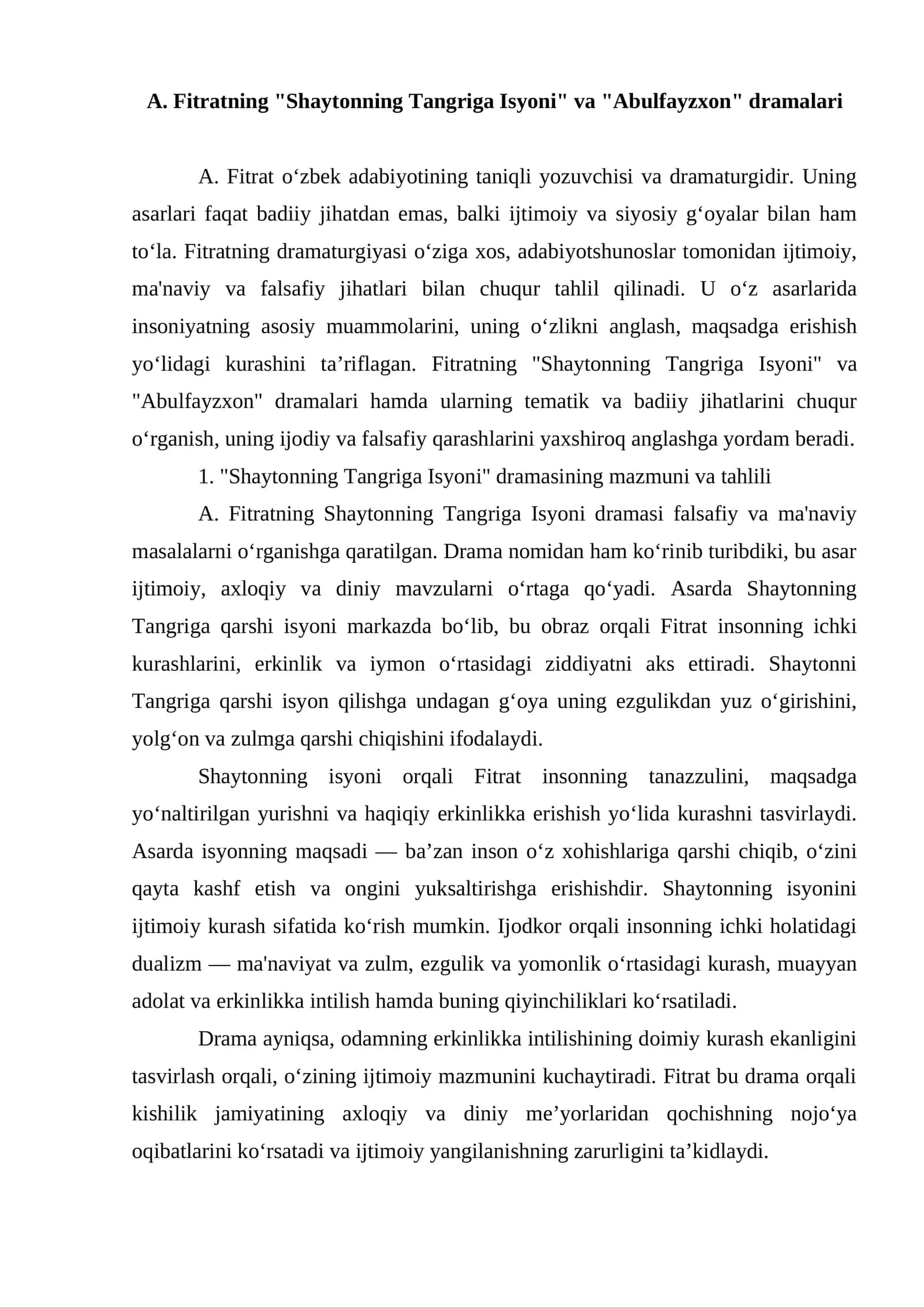 A. Fitratning "Shaytonning Tangriga Isyoni" va "Abulfayzxon" dramalari 1
