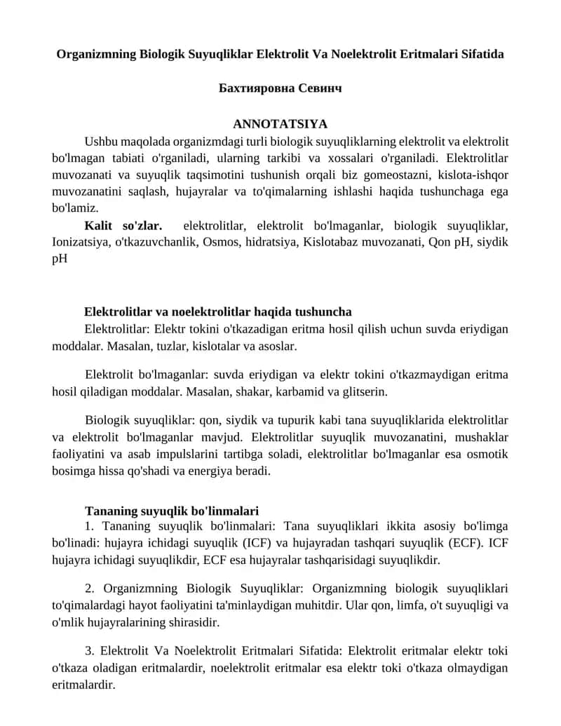 Organizmning Biologik Suyuqliklar Elektrolit Va Noelektrolit Eritmalari Sifatida 1