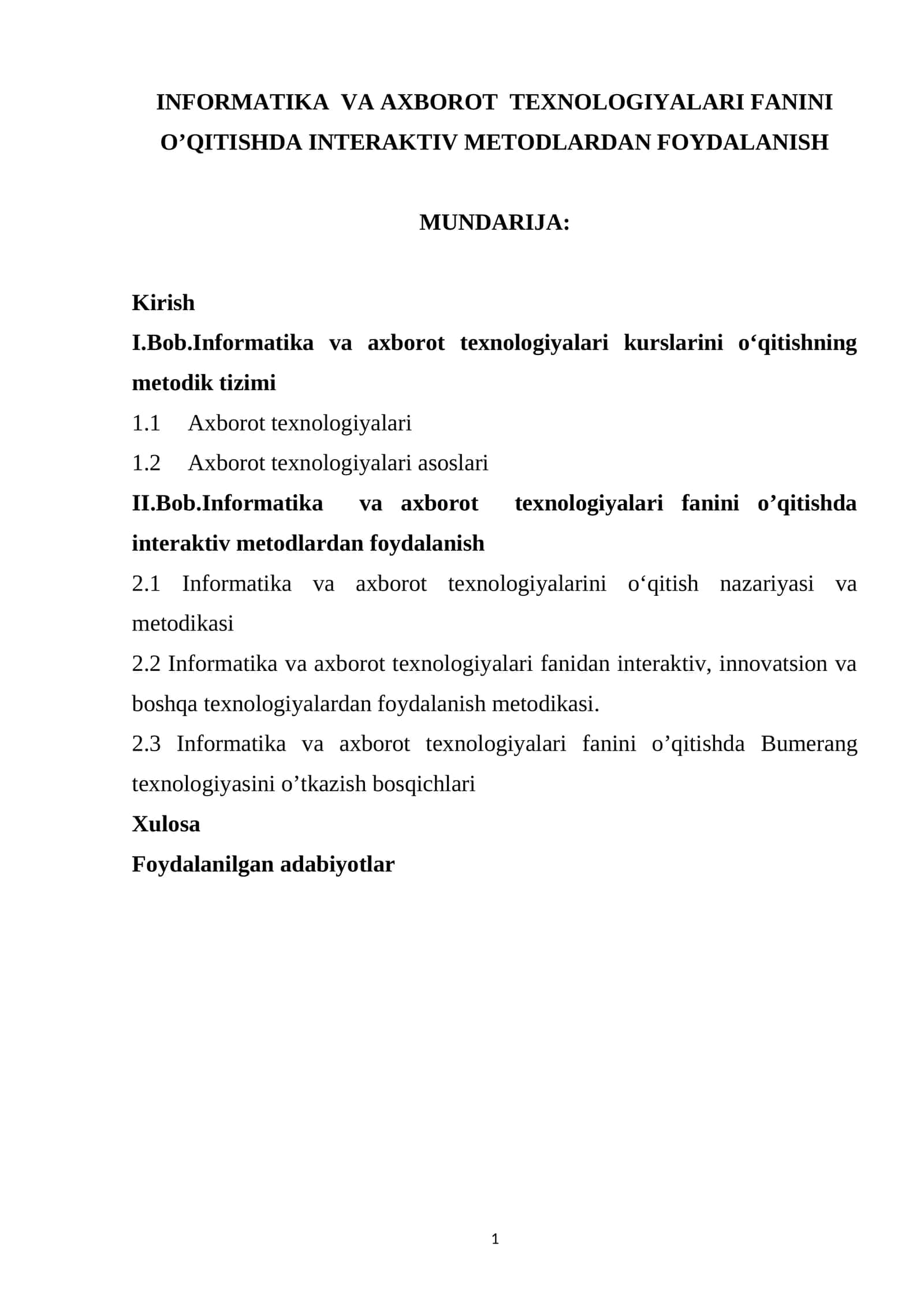 INFORMATIKA VA AXBOROT TEXNOLOGIYALARI FANINI O’QITISHDA INTERAKTIV METODLARDAN FOYDALANISH 1