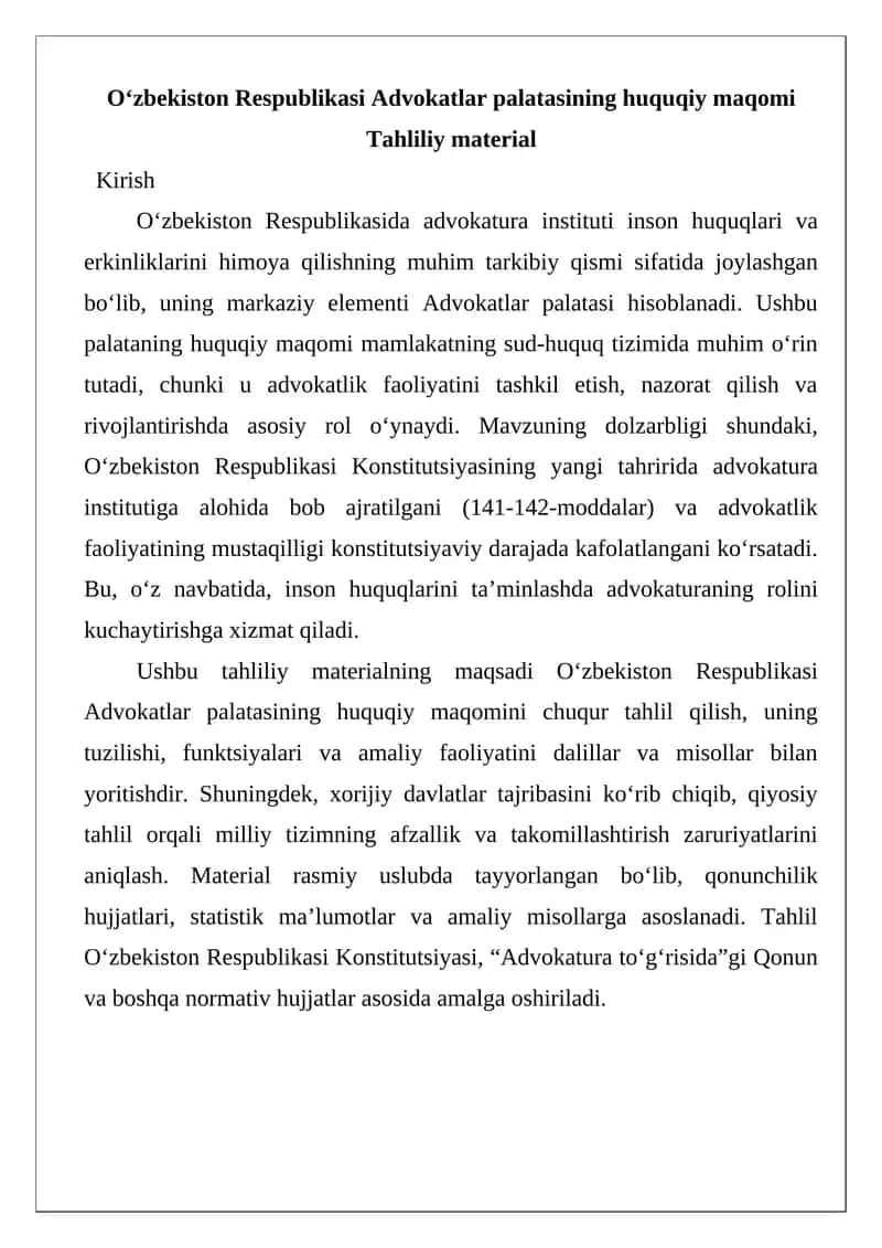 Oʻzbekiston Respublikasi Advokatlar palatasining huquqiy maqomi Tahliliy material 1