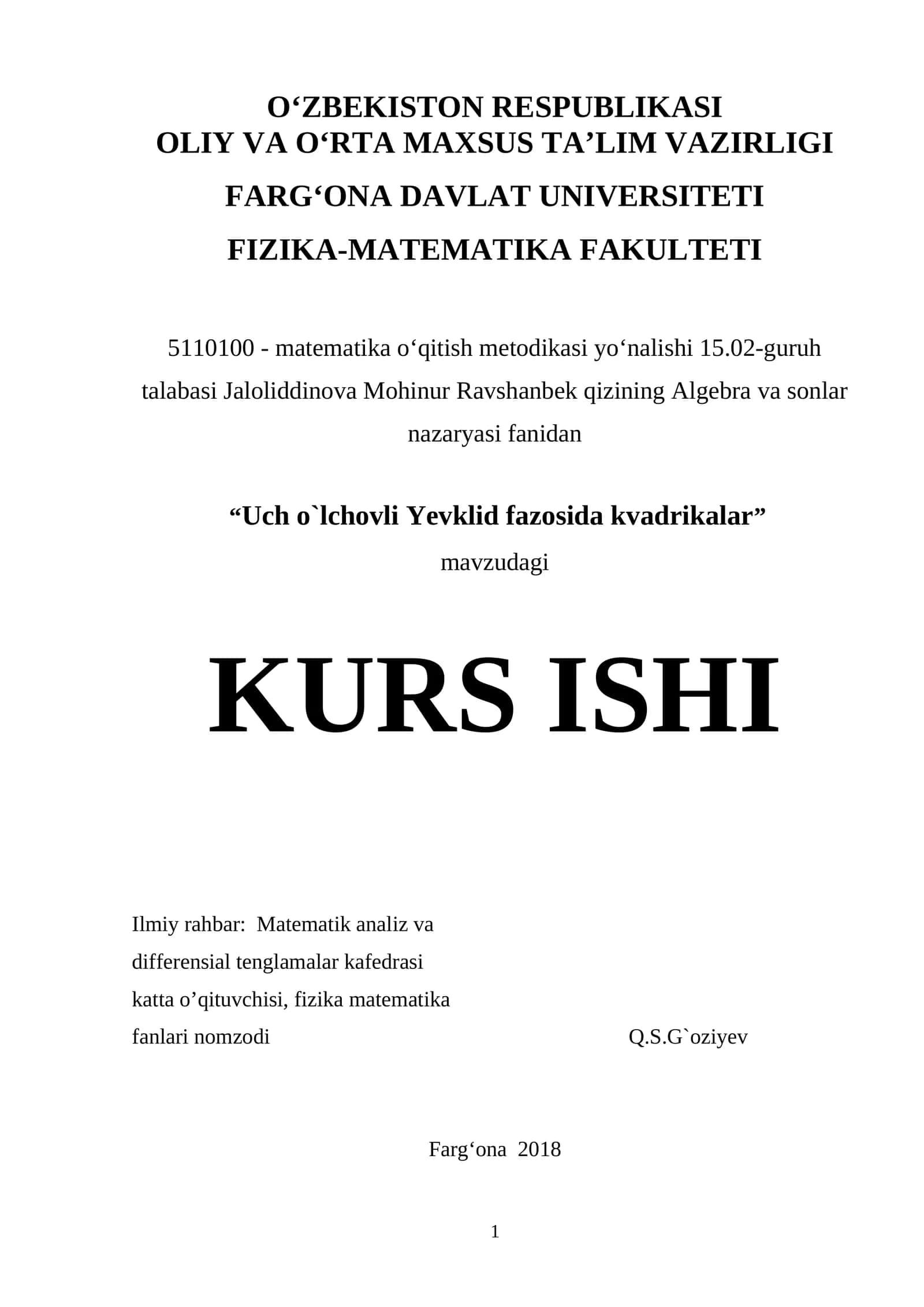 Uch o`lchovli Yevklid fazosida kvadrikalar 1