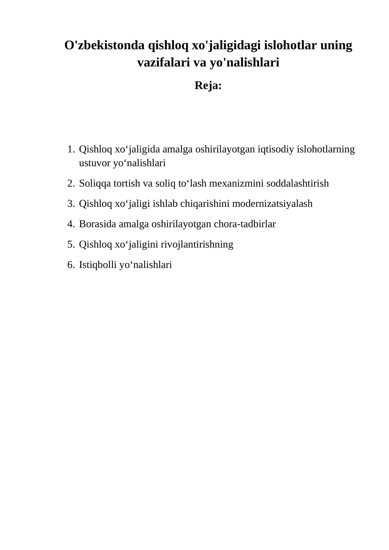 O'zbekistonda qishloq xo'jaligidagi islohotlar uning vazifalari va yo'nalishlari 1