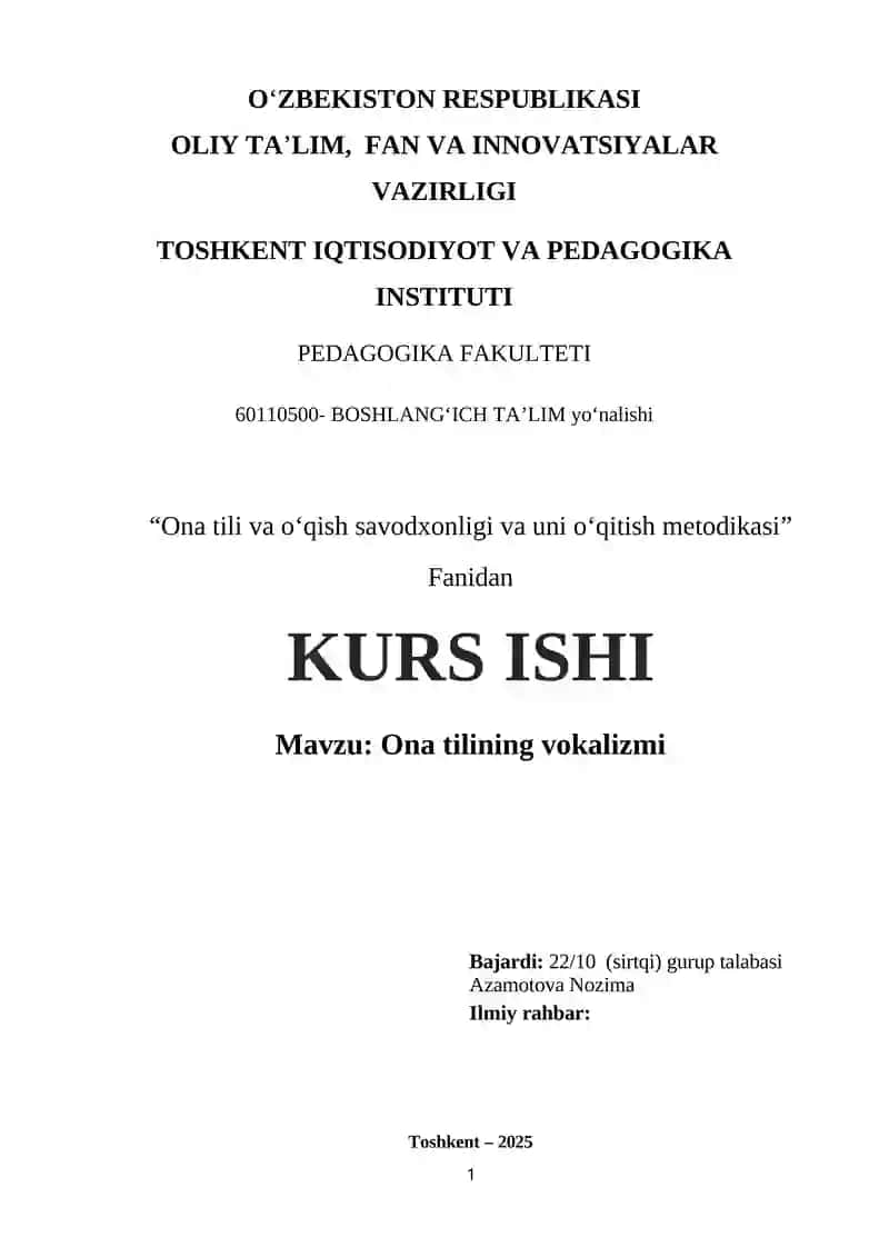 Ona tili va oʻqish savodxonligi va uni oʻqitish metodikasi