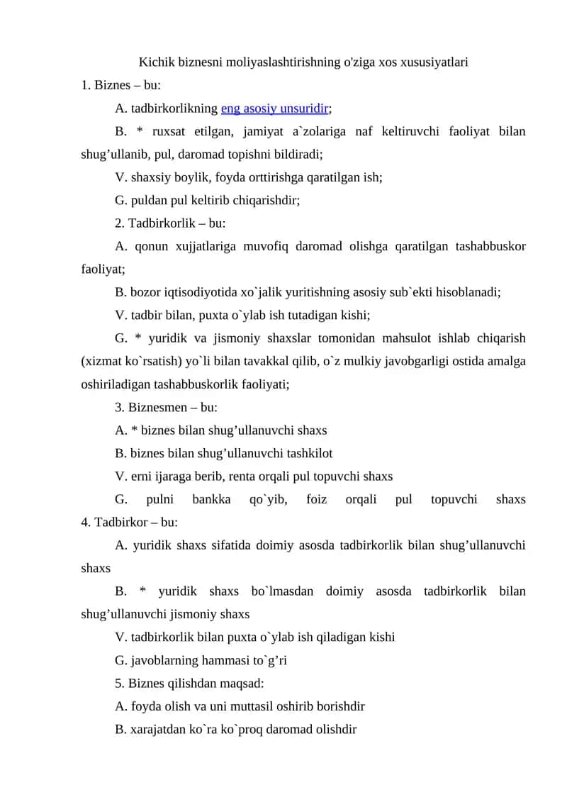 Kichik biznesni moliyaslashtirishning o'ziga xos xususiyatlari 1