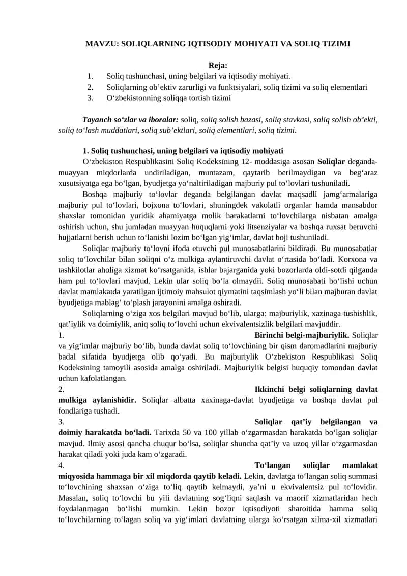 SOLIQLARNING IQTISODIY MOHIYATI VA SOLIQ TIZIMI 1