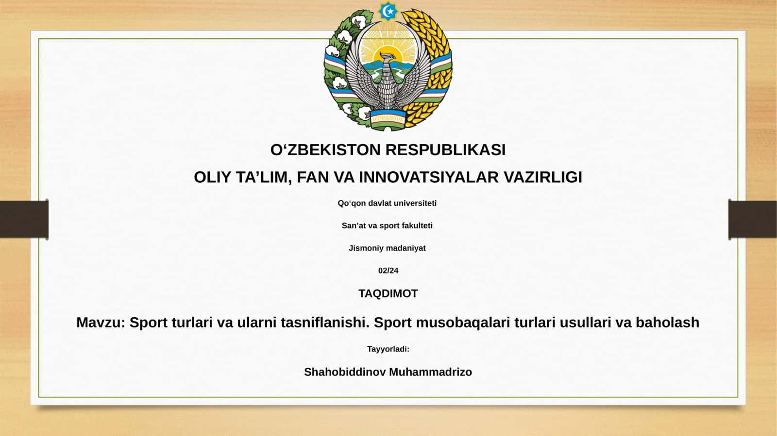 Sport turlari va ularni tasniflanishi. Sport musobaqalari turlari usullari va baholash 1