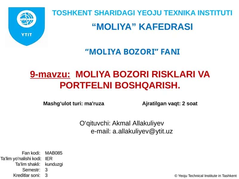 MOLIYA BOZORI RISKLARI VA PORTFELNI BOSHQARISH 1